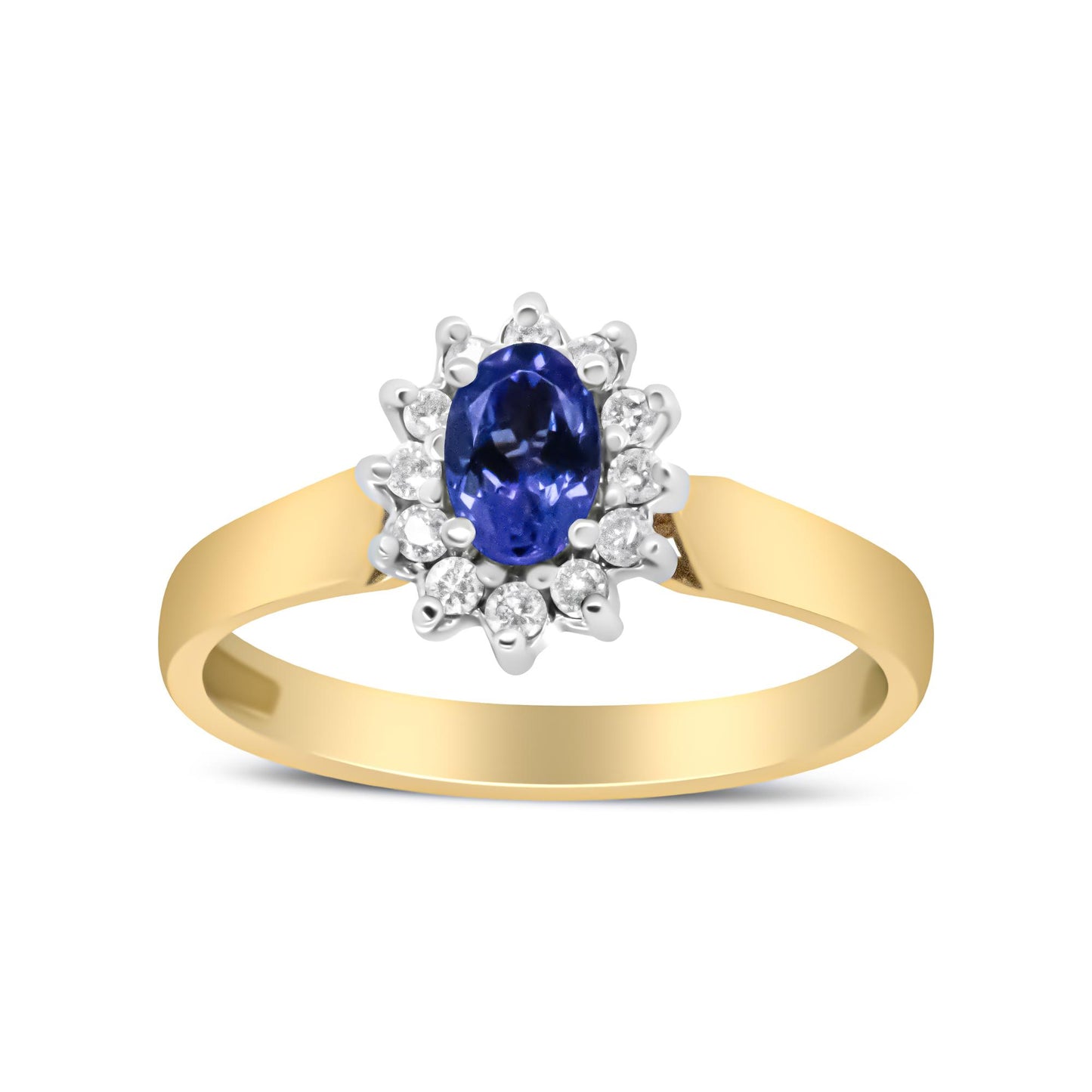 Front view of a yellow metal ring featuring an oval blue gemstone surrounded by round white gemstones in prong settings.