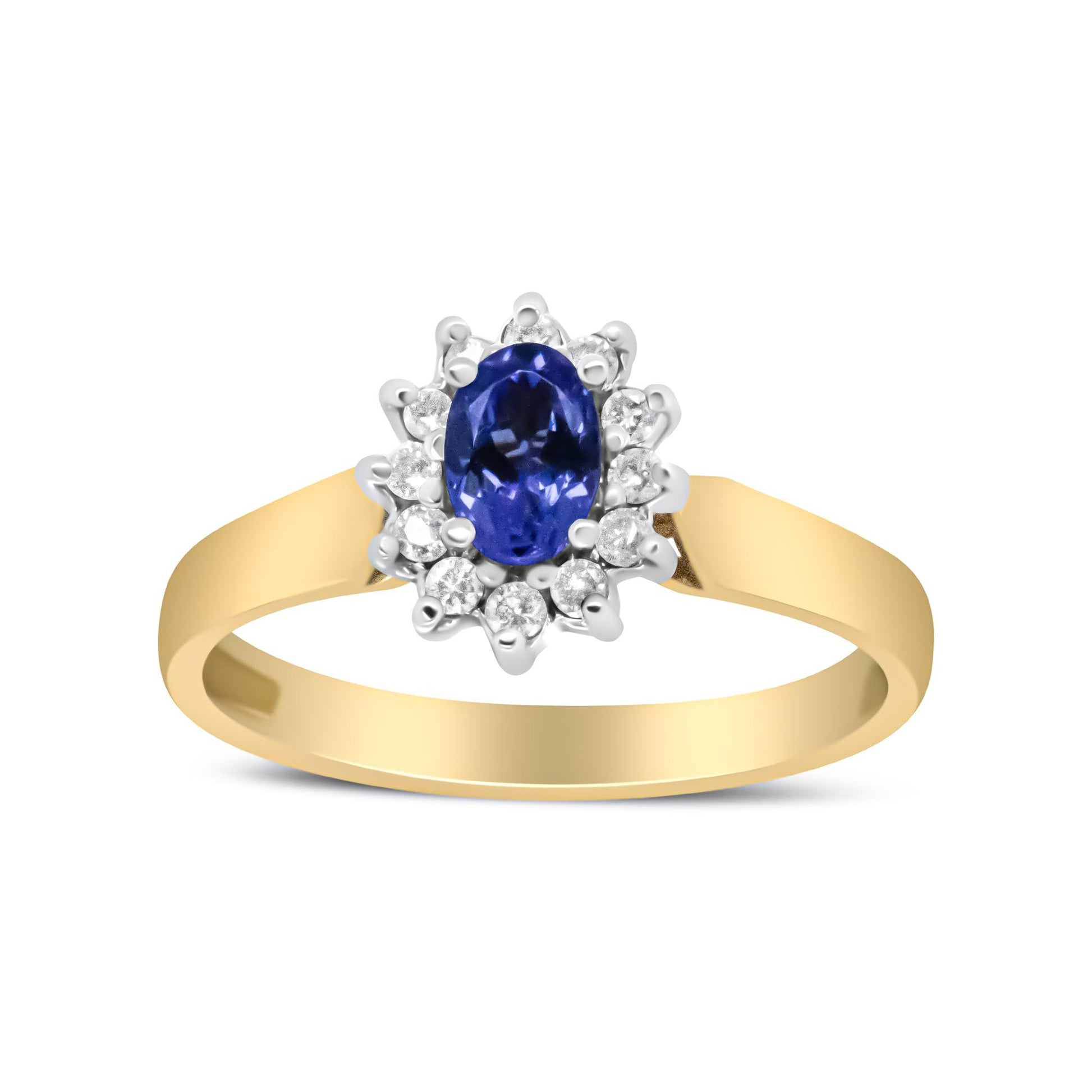 Front view of a yellow metal ring featuring an oval blue gemstone surrounded by round white gemstones in prong settings.