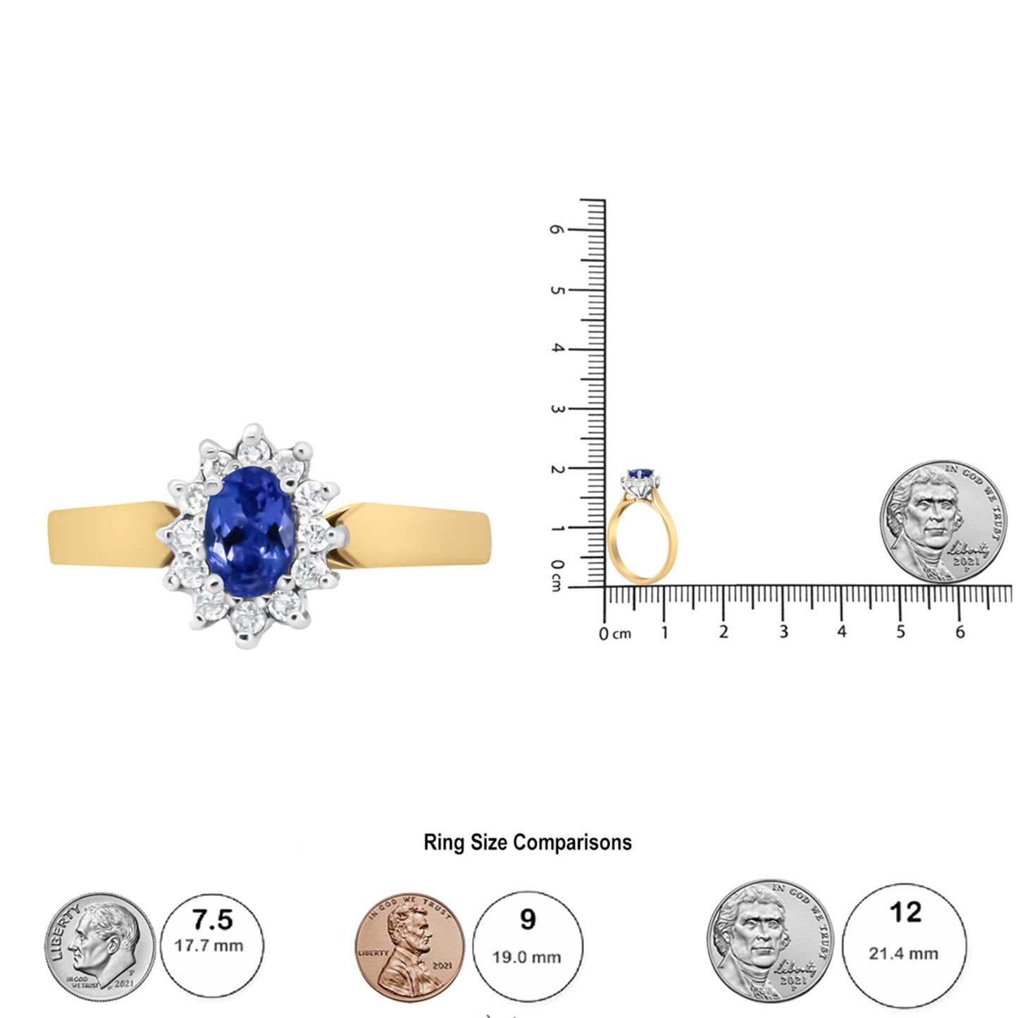 Yellow metal ring with a blue oval gemstone center surrounded by white round gemstones in prong settings, shown from a top angle and side angle on a ruler for size reference.