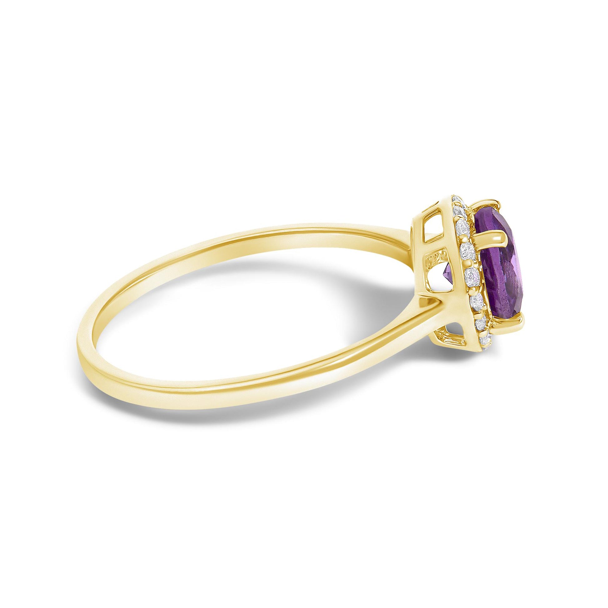 Side view of a yellow ring featuring a round purple gemstone in a four-prong setting, surrounded by a halo of round white gemstones in a shared prong setting.