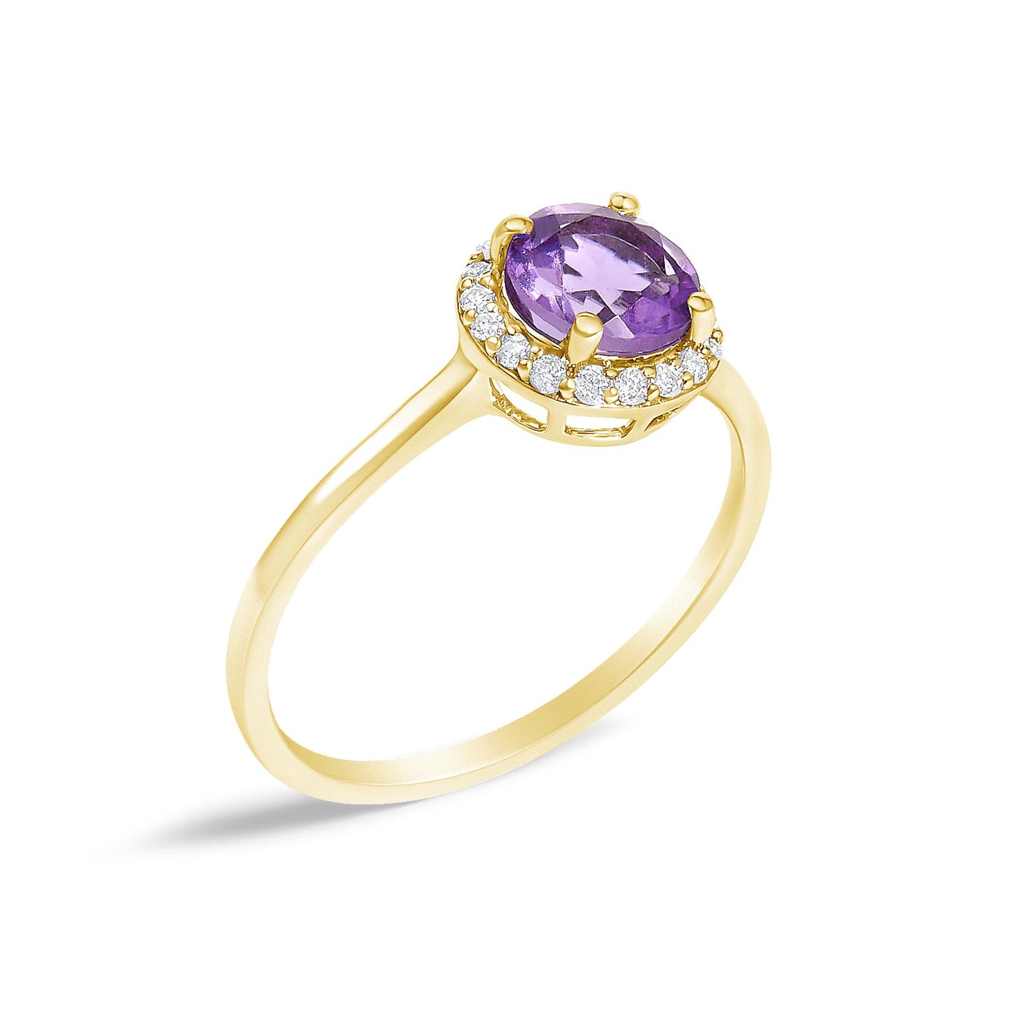 Yellow metal ring with a round purple gemstone in a four-prong setting surrounded by a shared prong halo of round white gemstones, shown in a side angled close-up view on a white background.