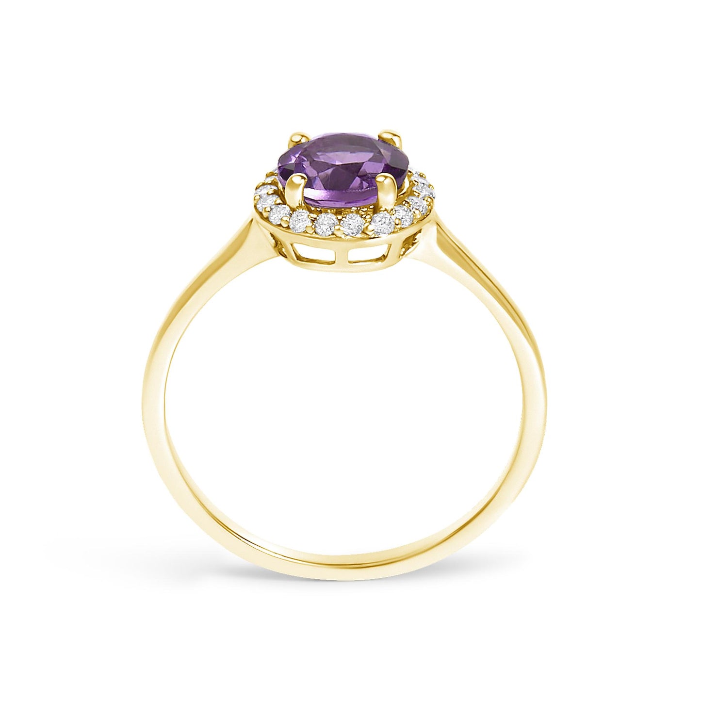 Yellow metal ring with a round purple gemstone set in a four-prong setting, surrounded by a halo of round white gemstones in shared prong settings, shown from a front angle.