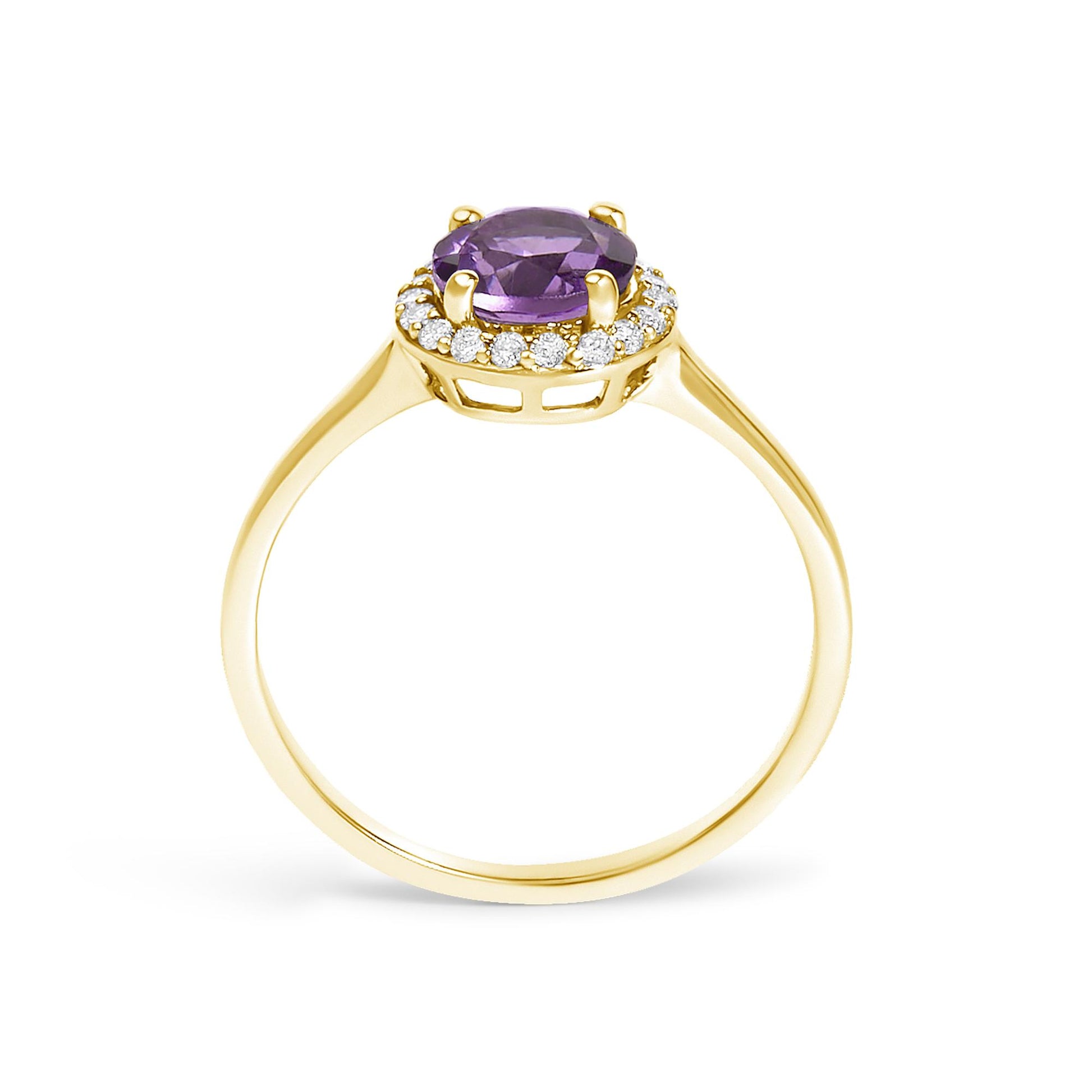 Yellow metal ring with a round purple gemstone set in a four-prong setting, surrounded by a halo of round white gemstones in shared prong settings, shown from a front angle.
