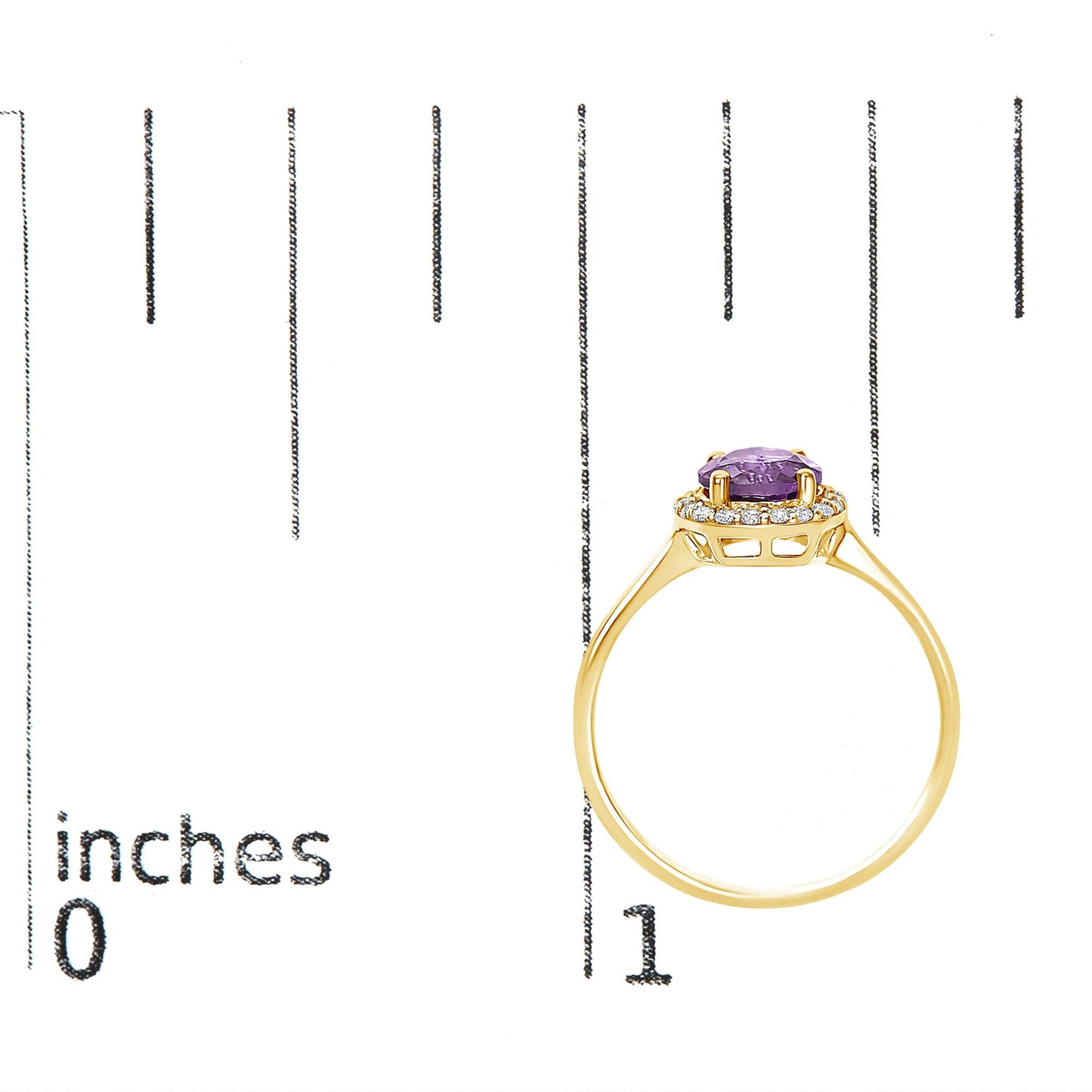 Yellow metal ring with a round purple gemstone in a four-prong setting, surrounded by small round white gemstones in a shared prong setting, shown on a scale with a front view at ring level.