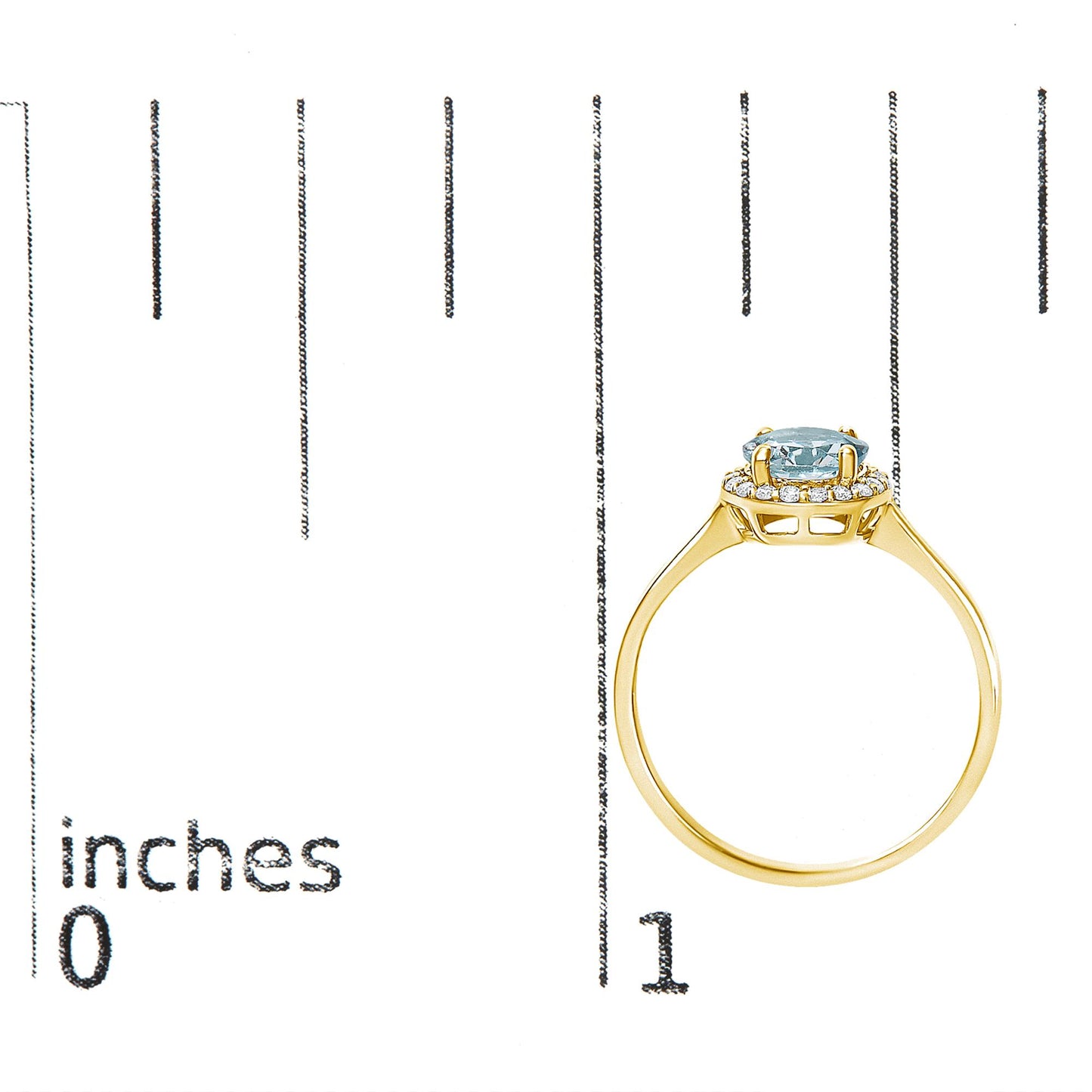 Yellow metal ring with a blue round gemstone surrounded by a circle of small white round gemstones in shared prong setting, shown on a scale from the side angle.