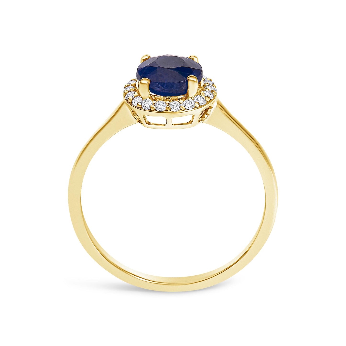 Yellow metal ring with a round blue gemstone in a four-prong setting, surrounded by a circle of small round white gemstones in shared prong settings, shown in a front-facing angle.