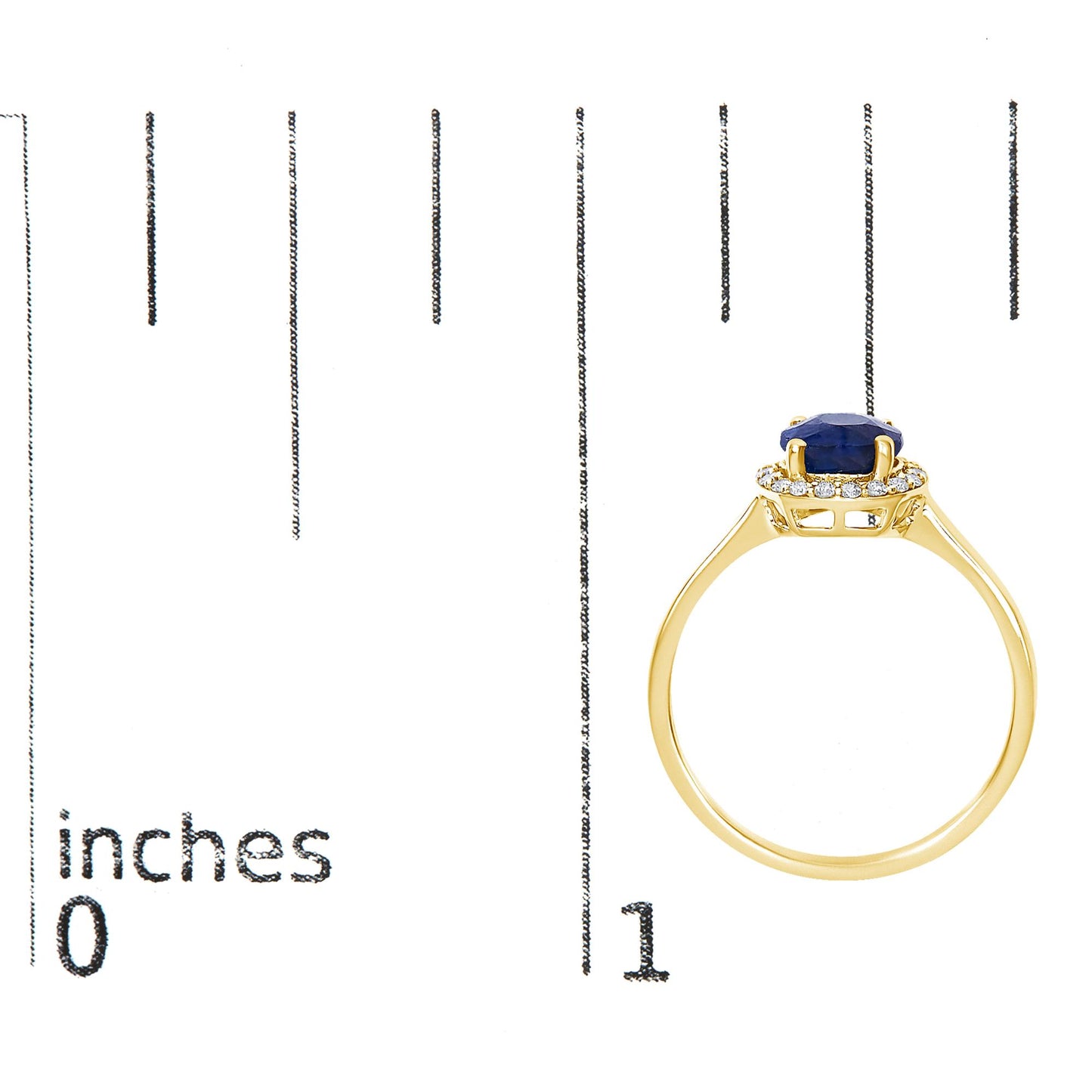 Yellow metal ring with a round blue gemstone center set in four prongs, surrounded by a halo of small white round gemstones in shared prong setting, shown on a scale from side angle.