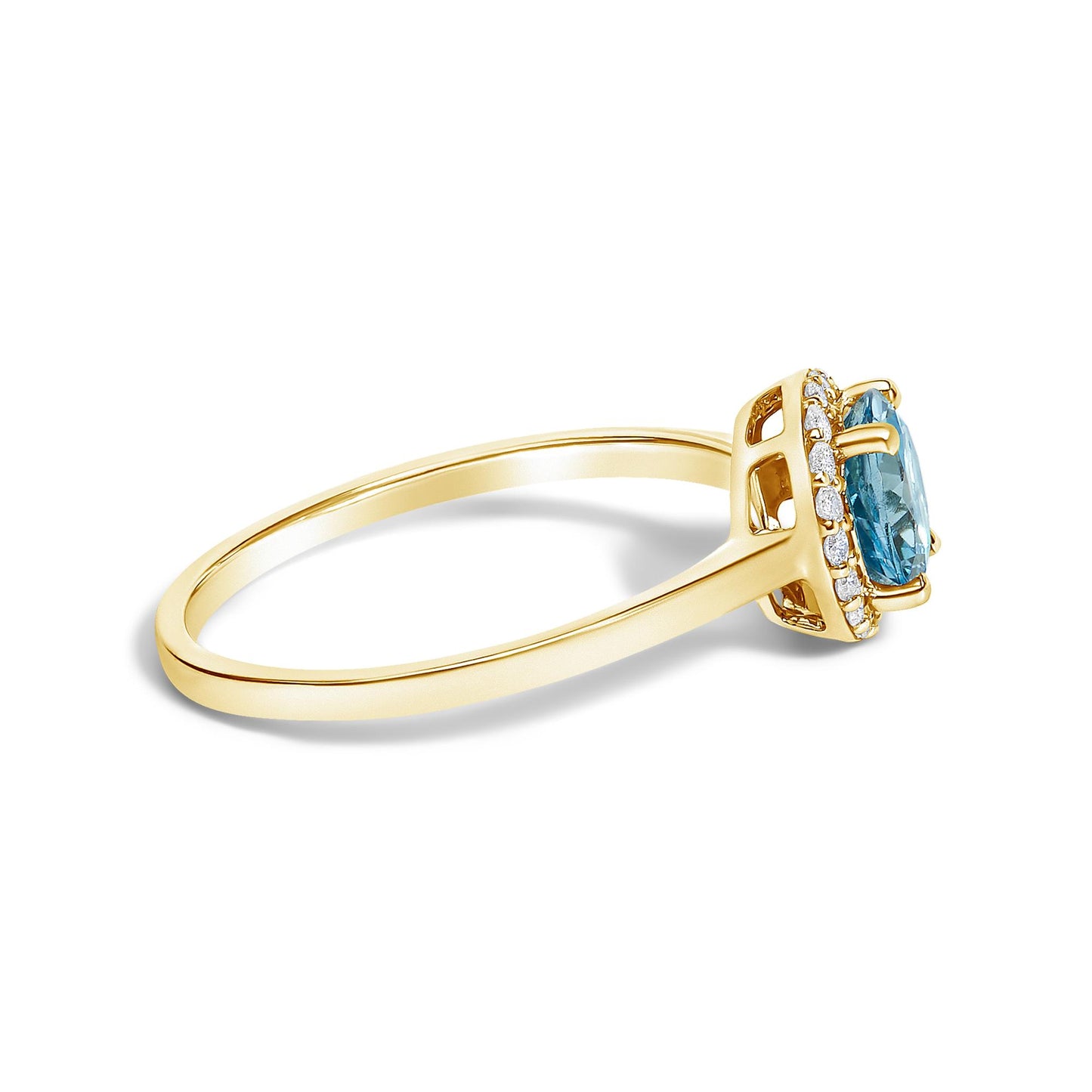 Side view of a yellow ring featuring a round blue gemstone in a four-prong setting surrounded by round white gemstones in a shared prong setting.