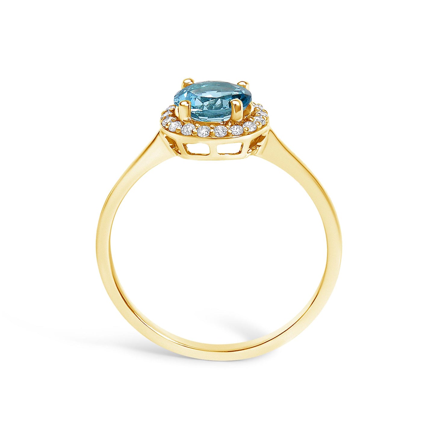 Ring with a yellow-colored band shown from the side angle, featuring a round blue gemstone in a four-prong setting surrounded by a halo of round white gemstones in a shared prong setting.