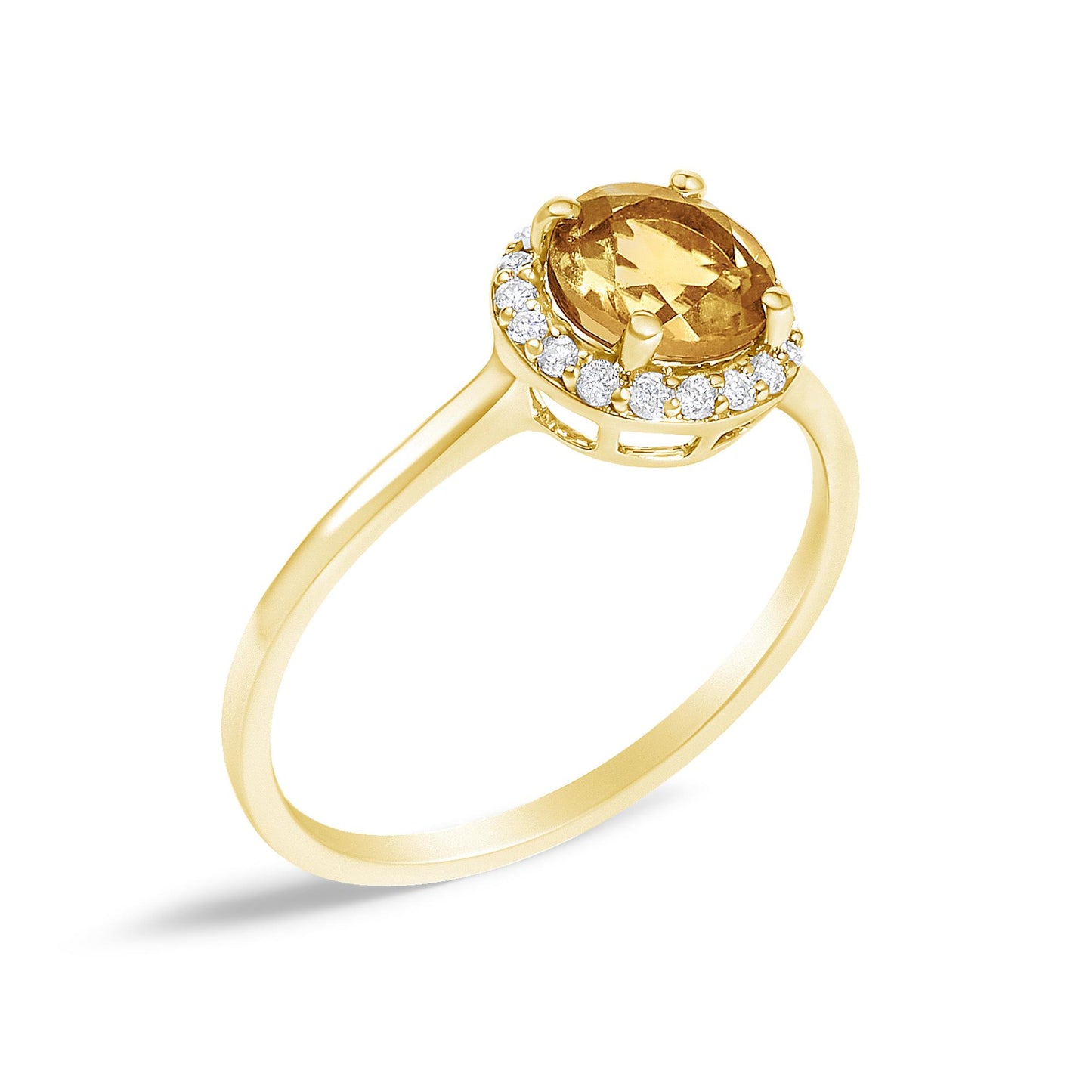 Yellow metal ring with an oval orange gemstone in a four-prong setting, surrounded by small round white gemstones in a shared prong setting, shown at an angled top view on a white background.