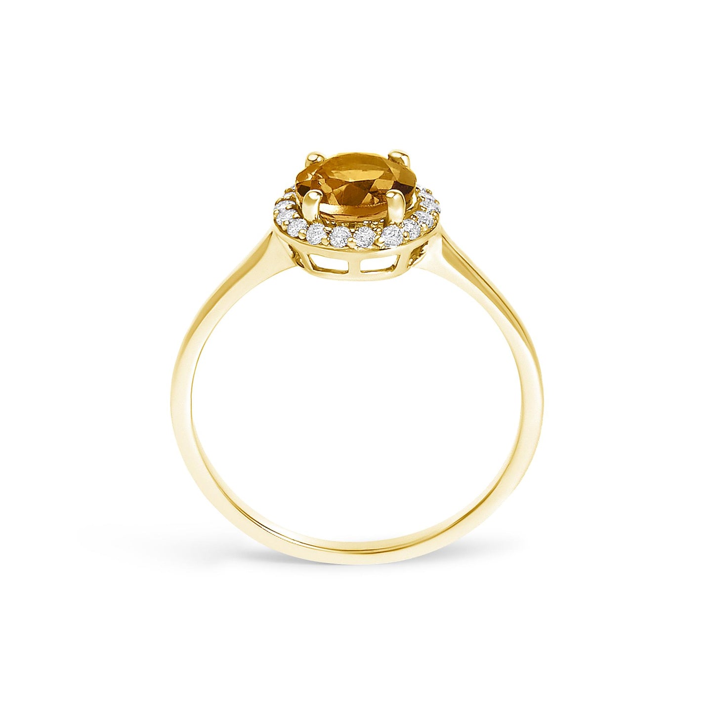 Yellow metal ring with a round orange gemstone center held by four prongs, surrounded by a halo of small round white gemstones in shared prong setting, shown in a front profile angle.