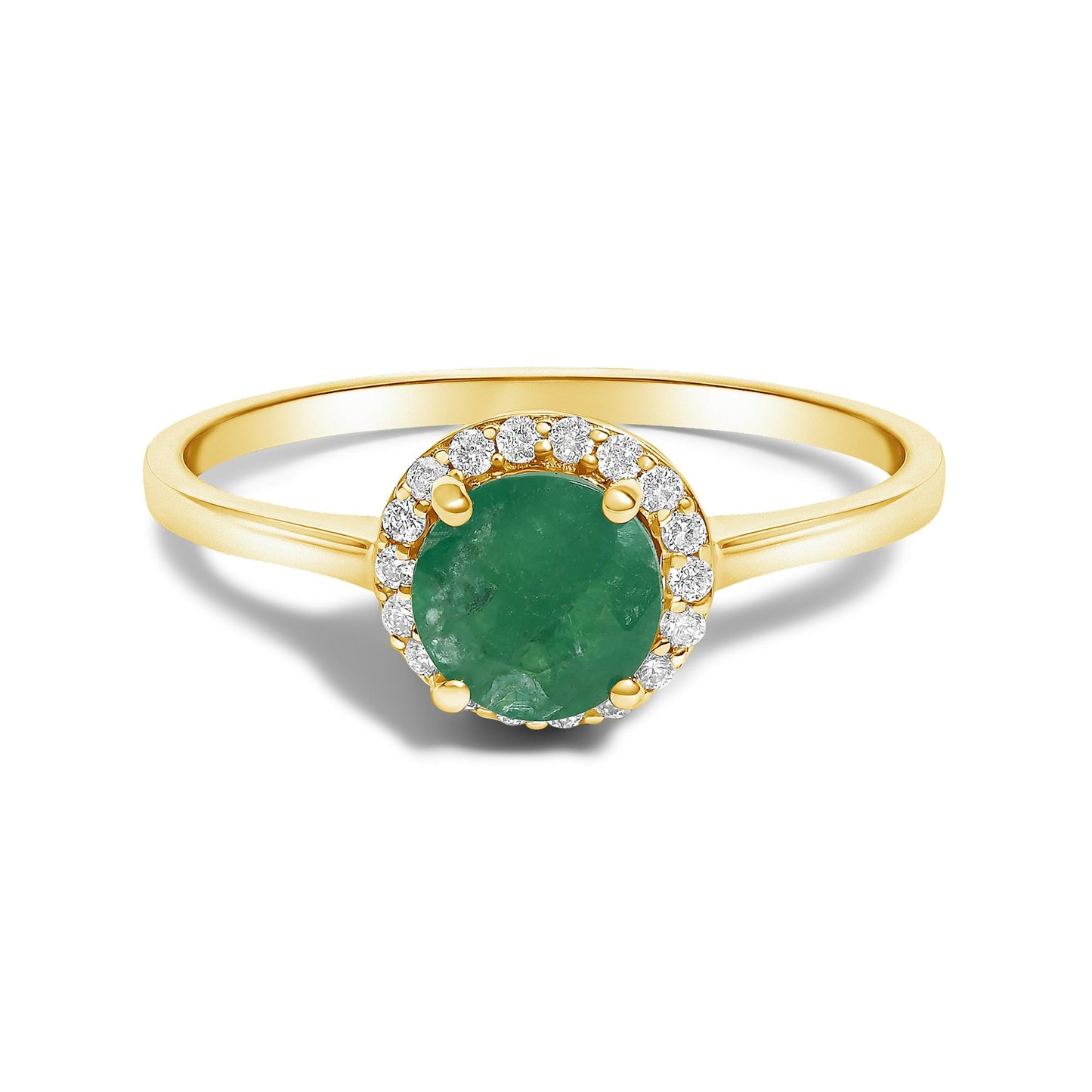 Yellow metal ring with a round green gemstone center held by four prongs, surrounded by a halo of round white gemstones in shared prong setting, shown in a front close-up angle.