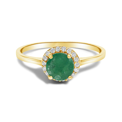 Yellow metal ring with a round green gemstone center held by four prongs, surrounded by a halo of round white gemstones in shared prong setting, shown in a front close-up angle.