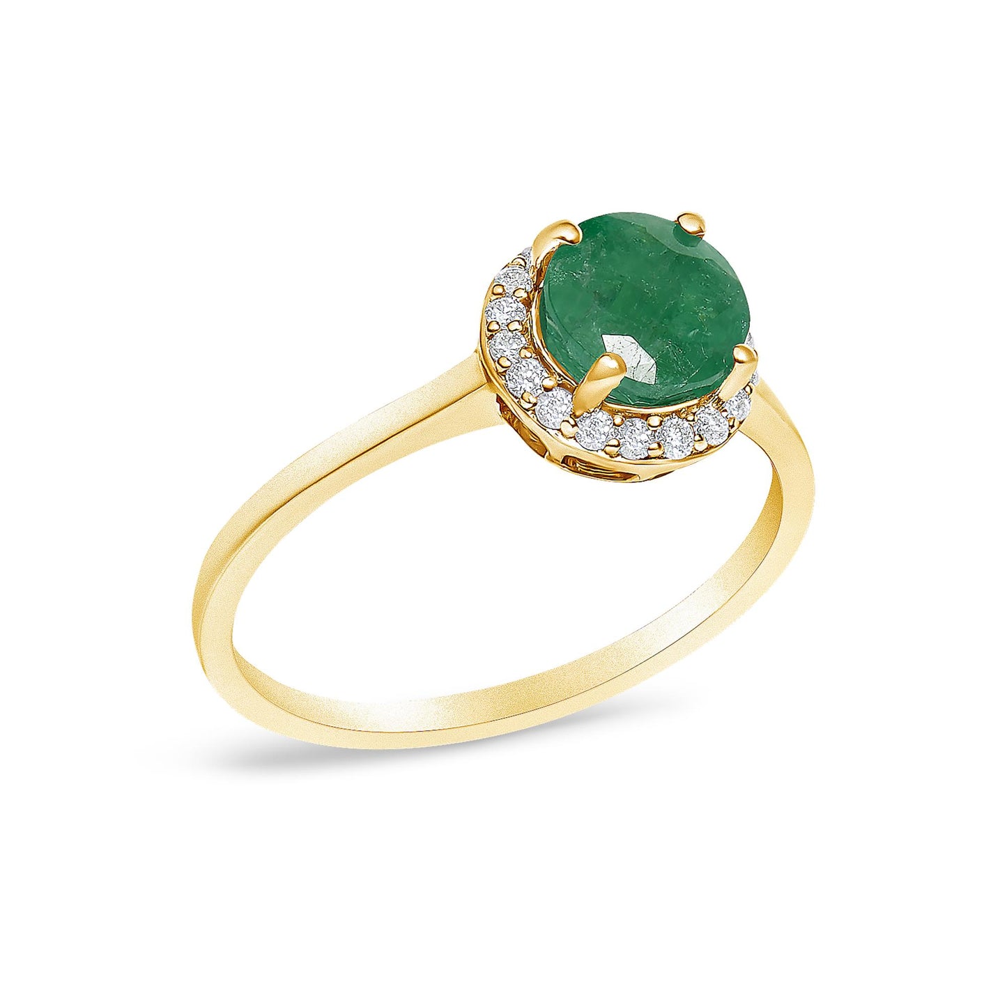Yellow metal ring with a round green gemstone center held by four prongs, surrounded by multiple small round white gemstones in a shared prong setting, shown at an angled top view.