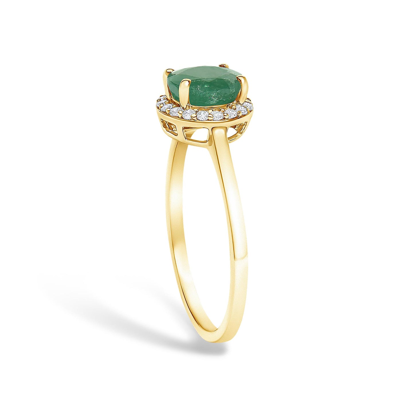 Yellow metal ring shown at a slight angle with a round green gemstone in a four-prong setting surrounded by small round white gemstones in a shared prong setting.