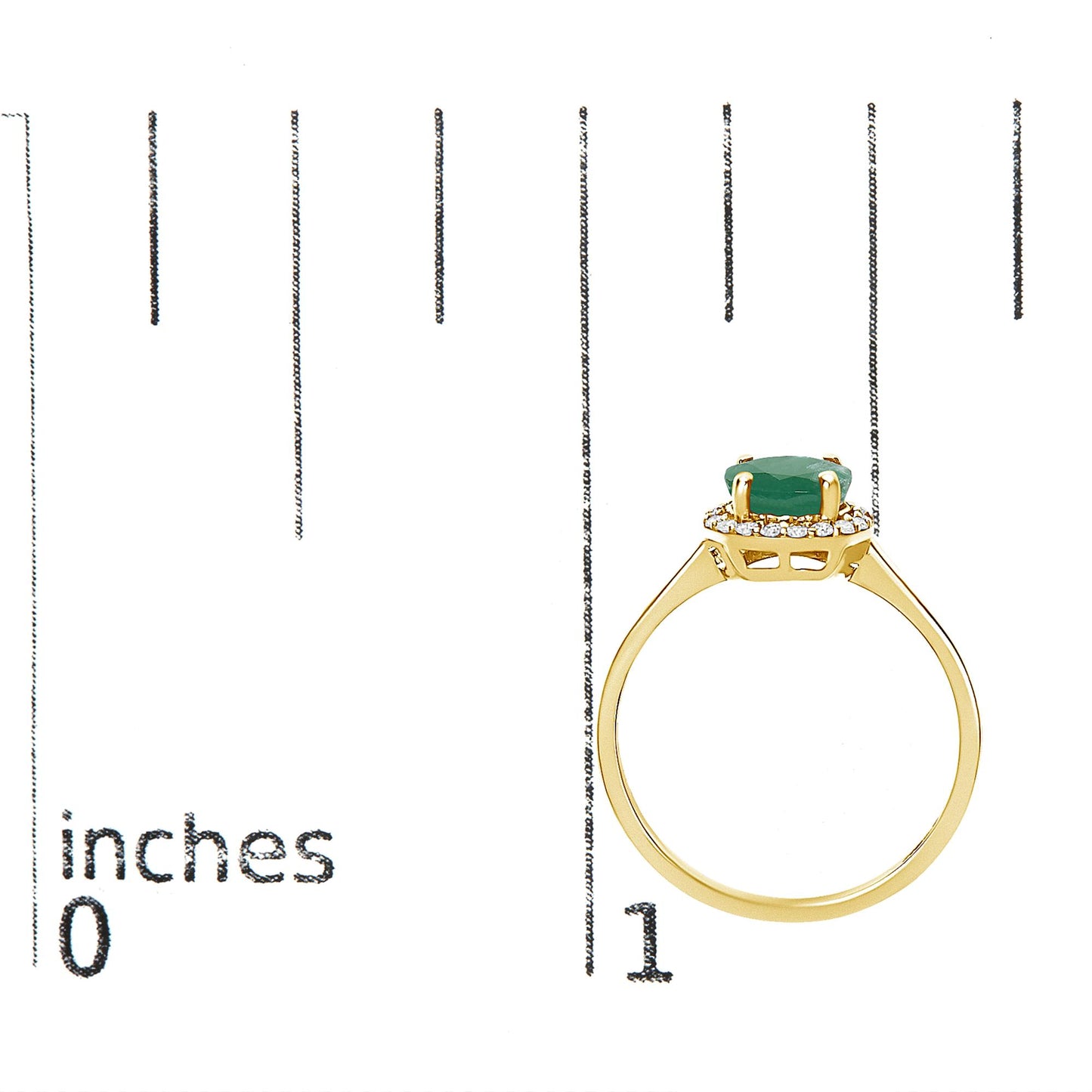 Yellow metal ring with a round green gemstone in a four-prong setting, surrounded by a halo of small white gemstones in a shared prong setting, shown on a scale from the side angle.