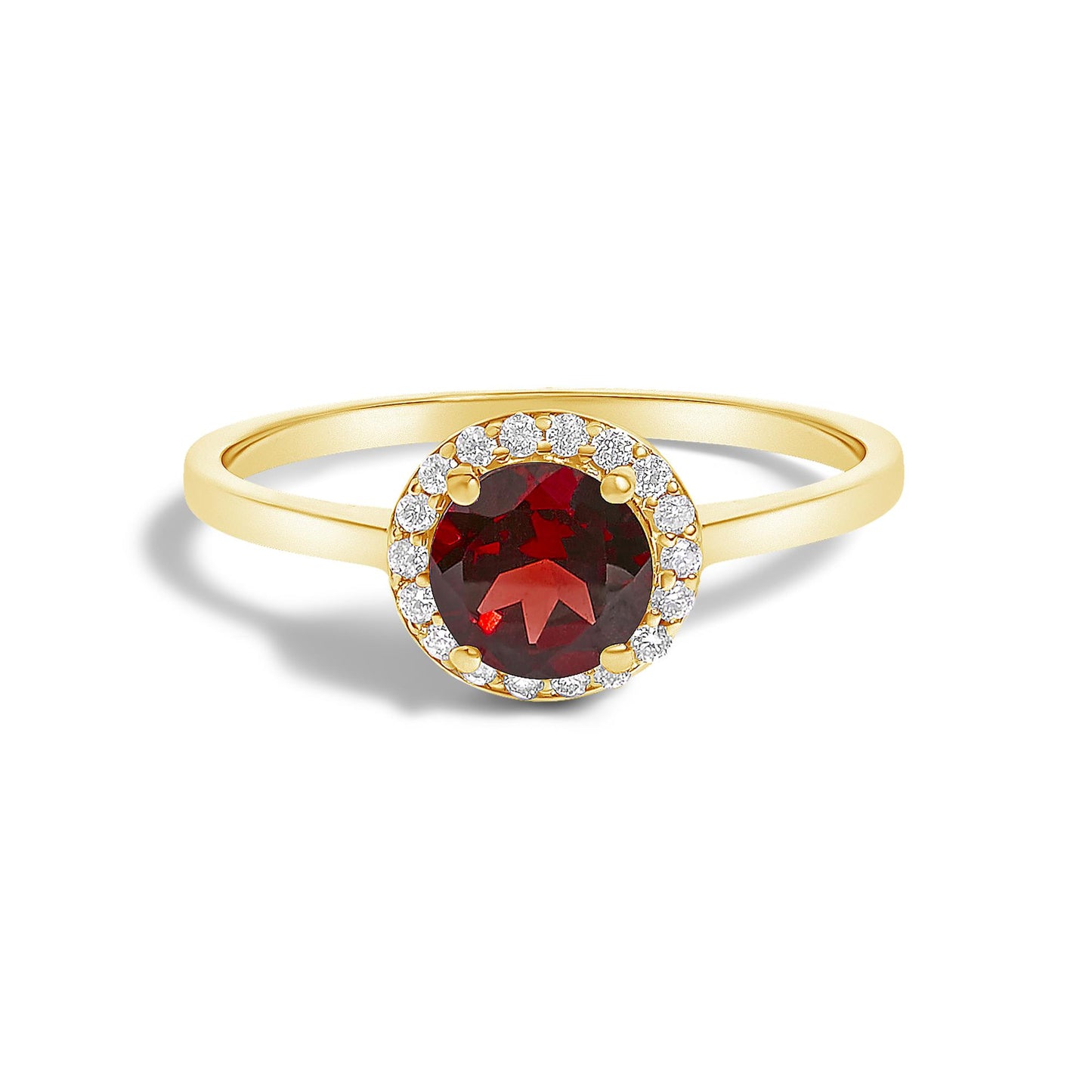 Front-facing view of a yellow metal ring featuring a round red gemstone in a four-prong setting, surrounded by a halo of round white gemstones in a shared prong setting.