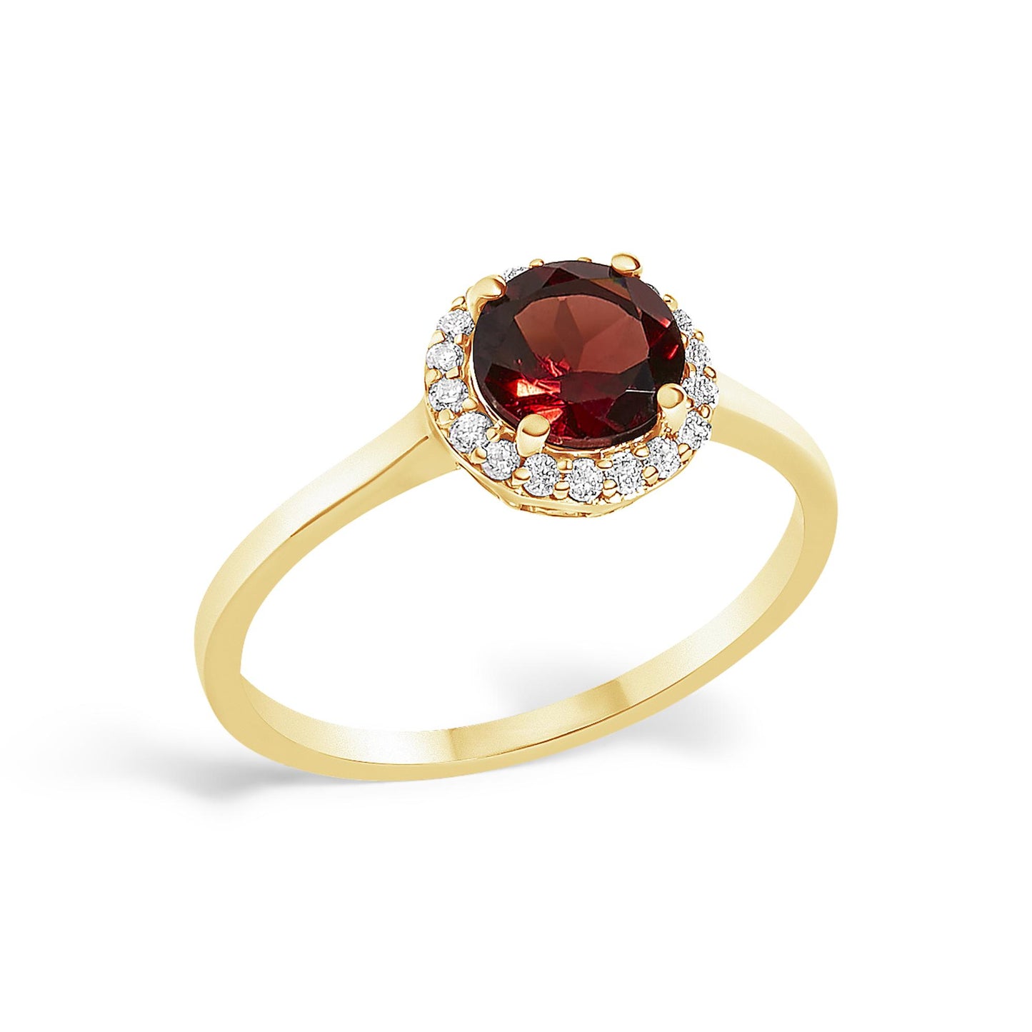 Yellow metal ring with a round red gemstone in a four-prong setting, surrounded by white round gemstones in shared prong settings, shown at an angled close-up.