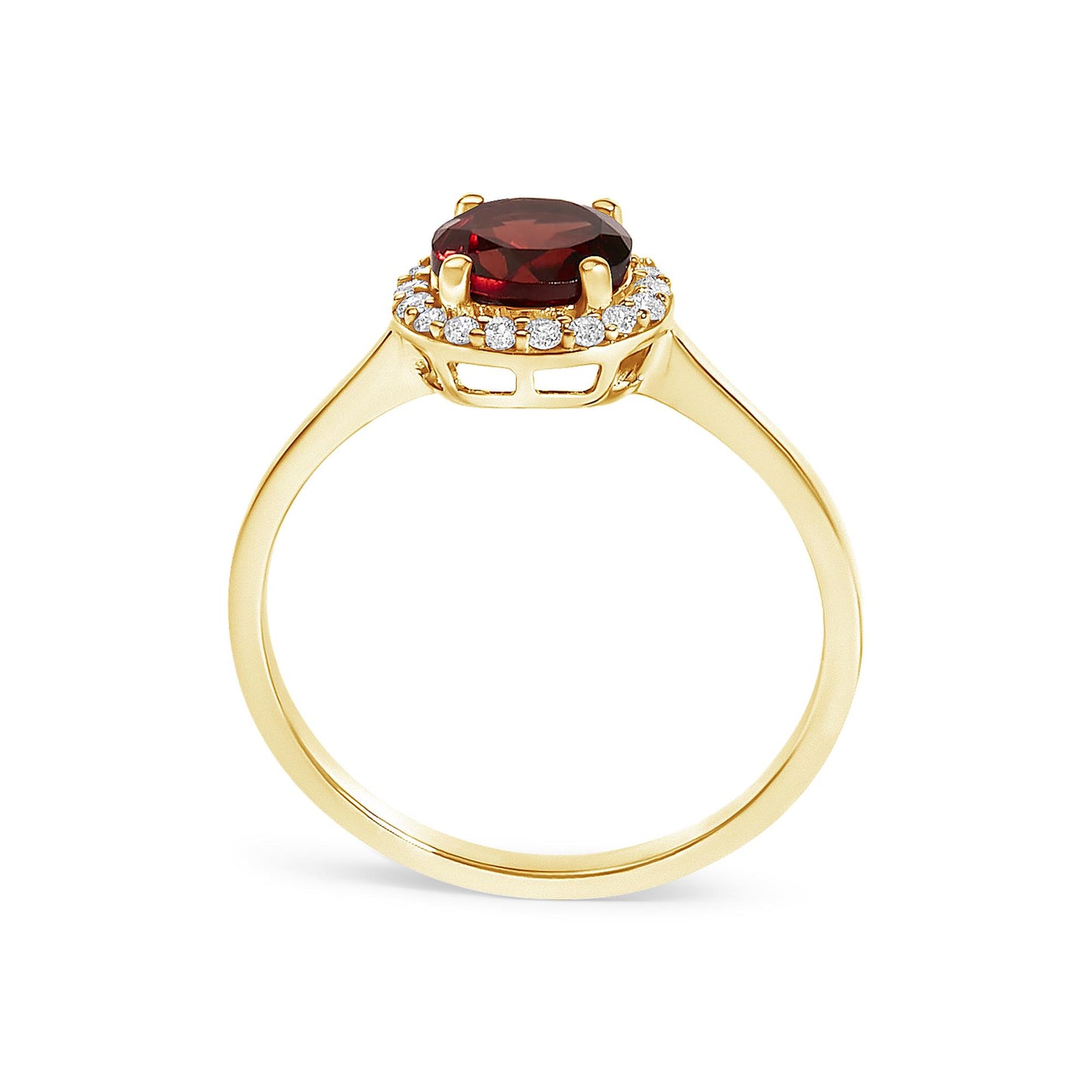 Yellow metal ring with a round red gemstone center set in a 4-prong setting, surrounded by round white gemstones in shared prong settings, shown from a side angle.