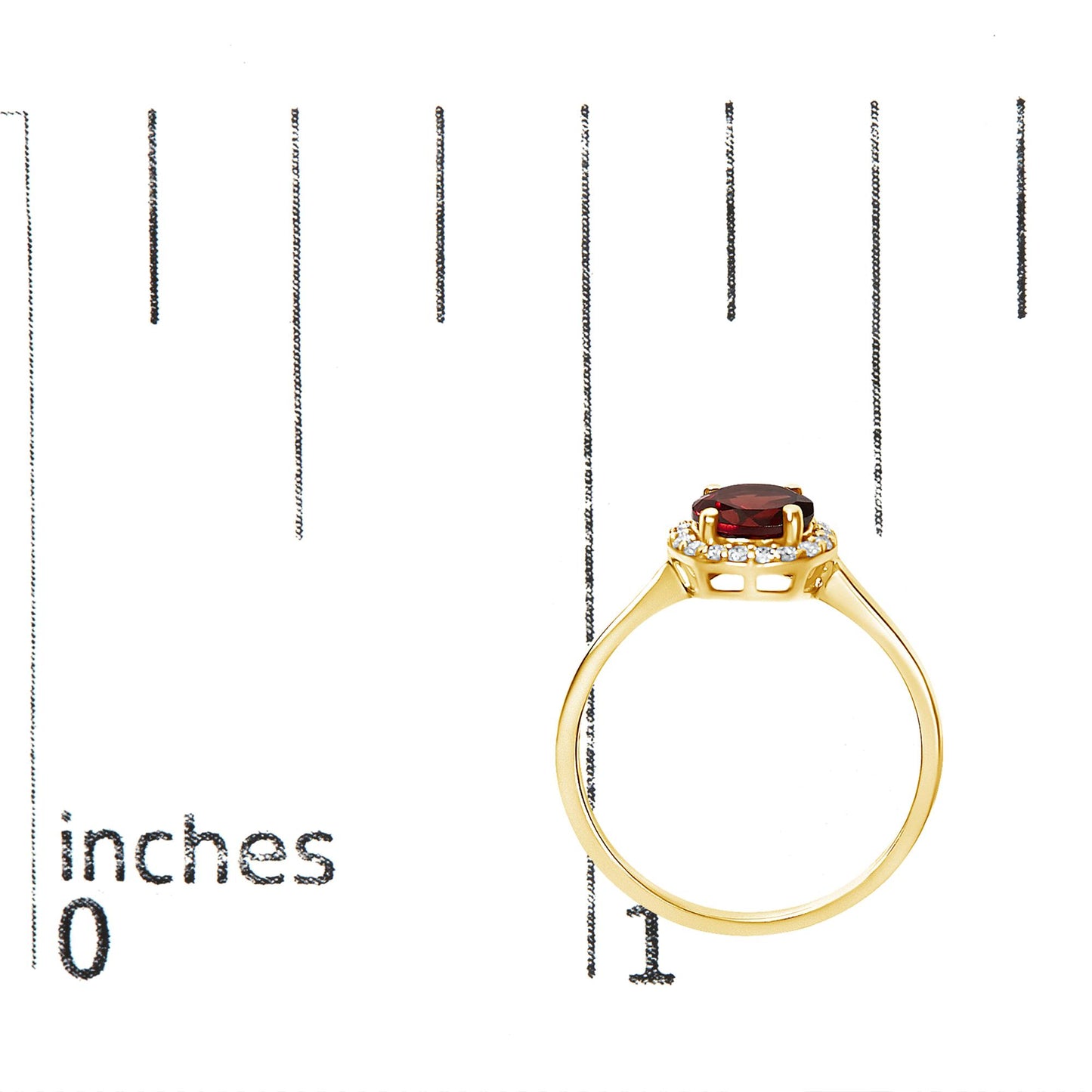 Ring shown on a scale, viewed from the side, featuring a yellow band with a central red gemstone surrounded by small white gemstones in a shared prong setting.