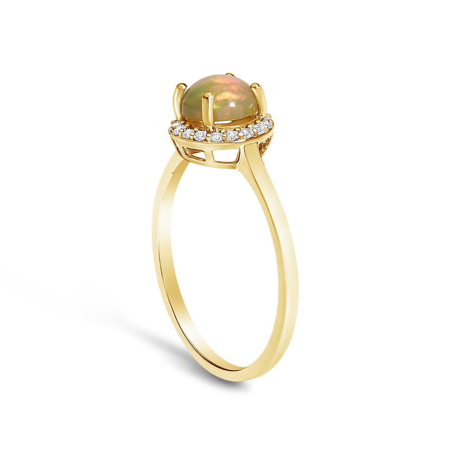 Yellow ring shown from an angled side view, featuring a round multi-color opal gemstone in a 4-prong setting, surrounded by a halo of small round white gemstones in a shared prong setting.