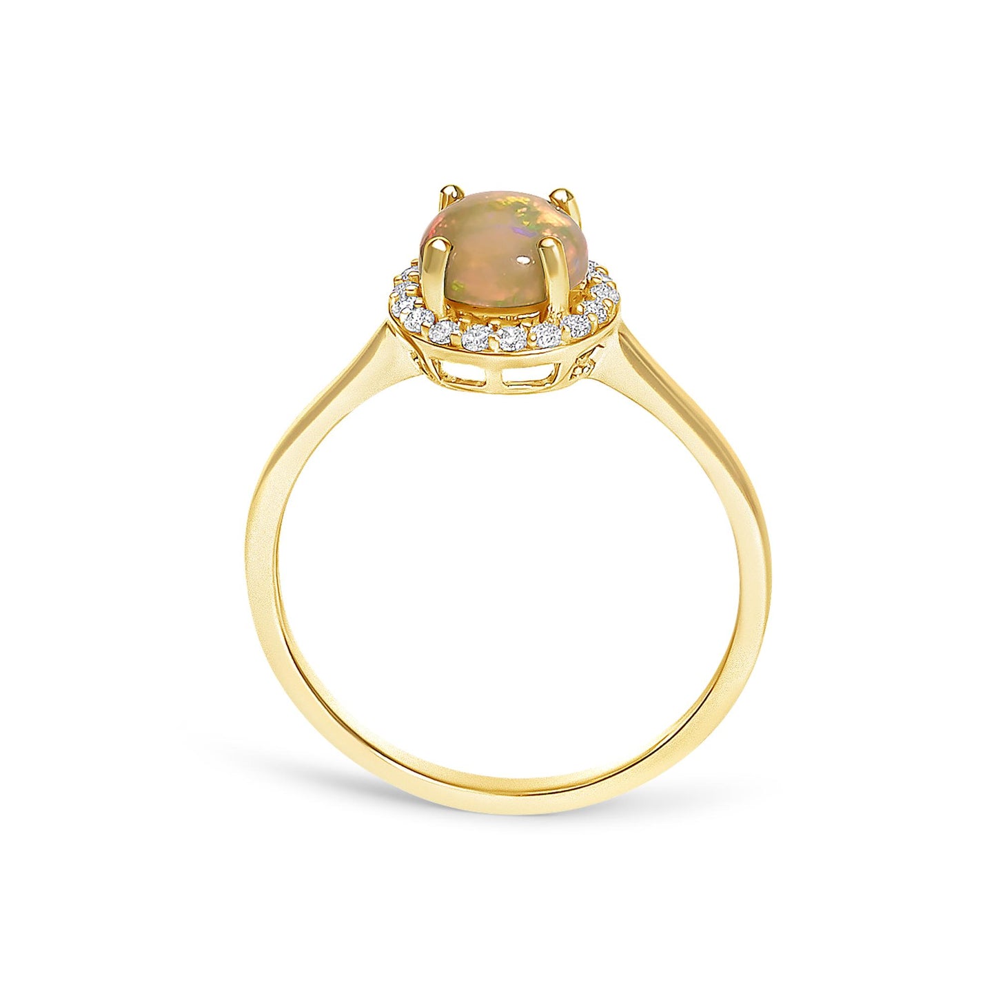Yellow metal ring with a round multicolor opal gemstone in a four-prong setting, surrounded by a halo of round white gemstones in shared prong settings, shown from the side angle on a white background.