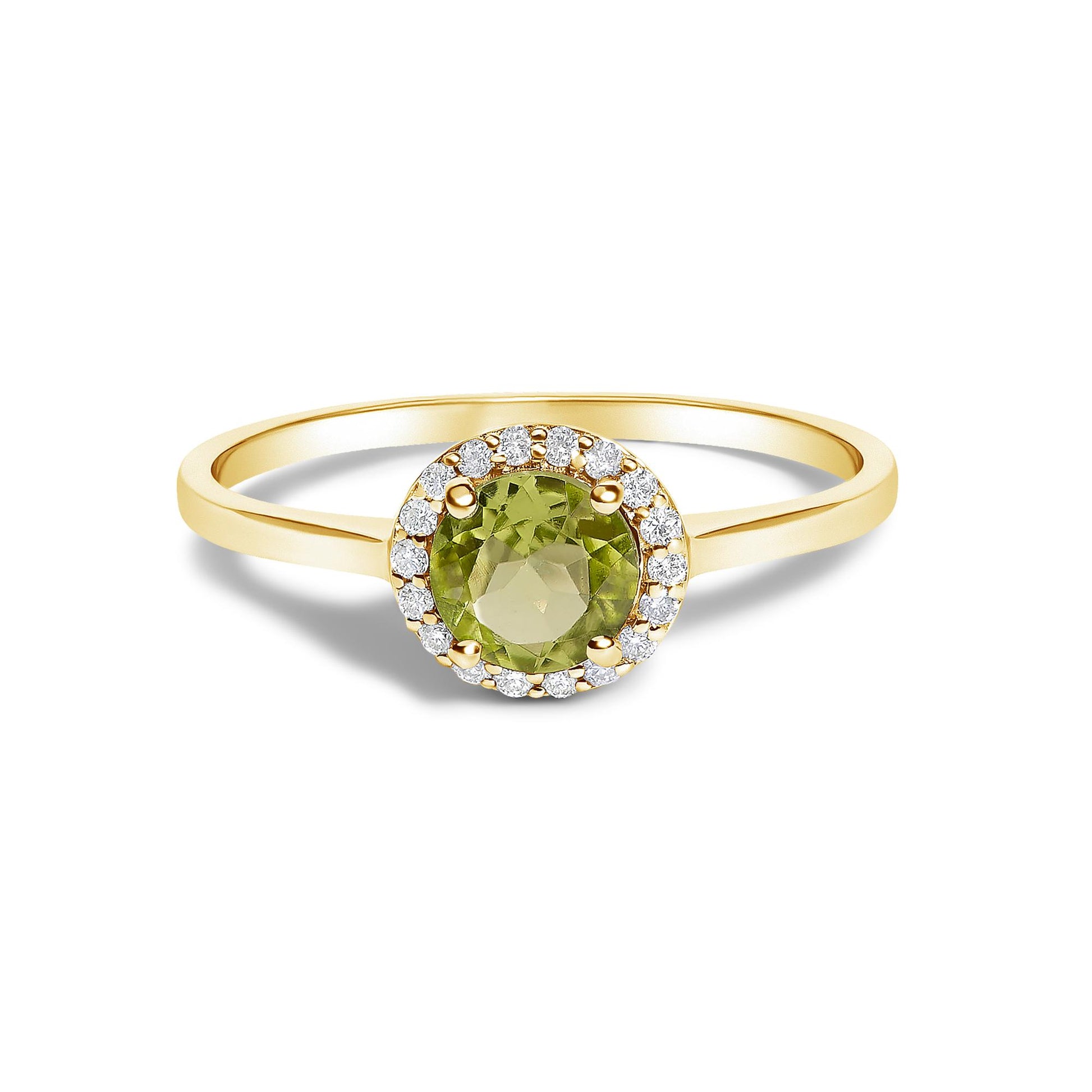 Yellow metal ring with a round green gemstone in a four-prong setting, surrounded by a halo of round white gemstones in a shared prong setting, shown in a front-facing angle.