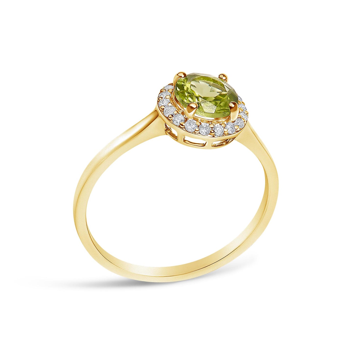 Yellow metal ring with a round green gemstone center set with four prongs and surrounded by a halo of round white gemstones in shared prong setting, shown from a tilted top angle on a white background.