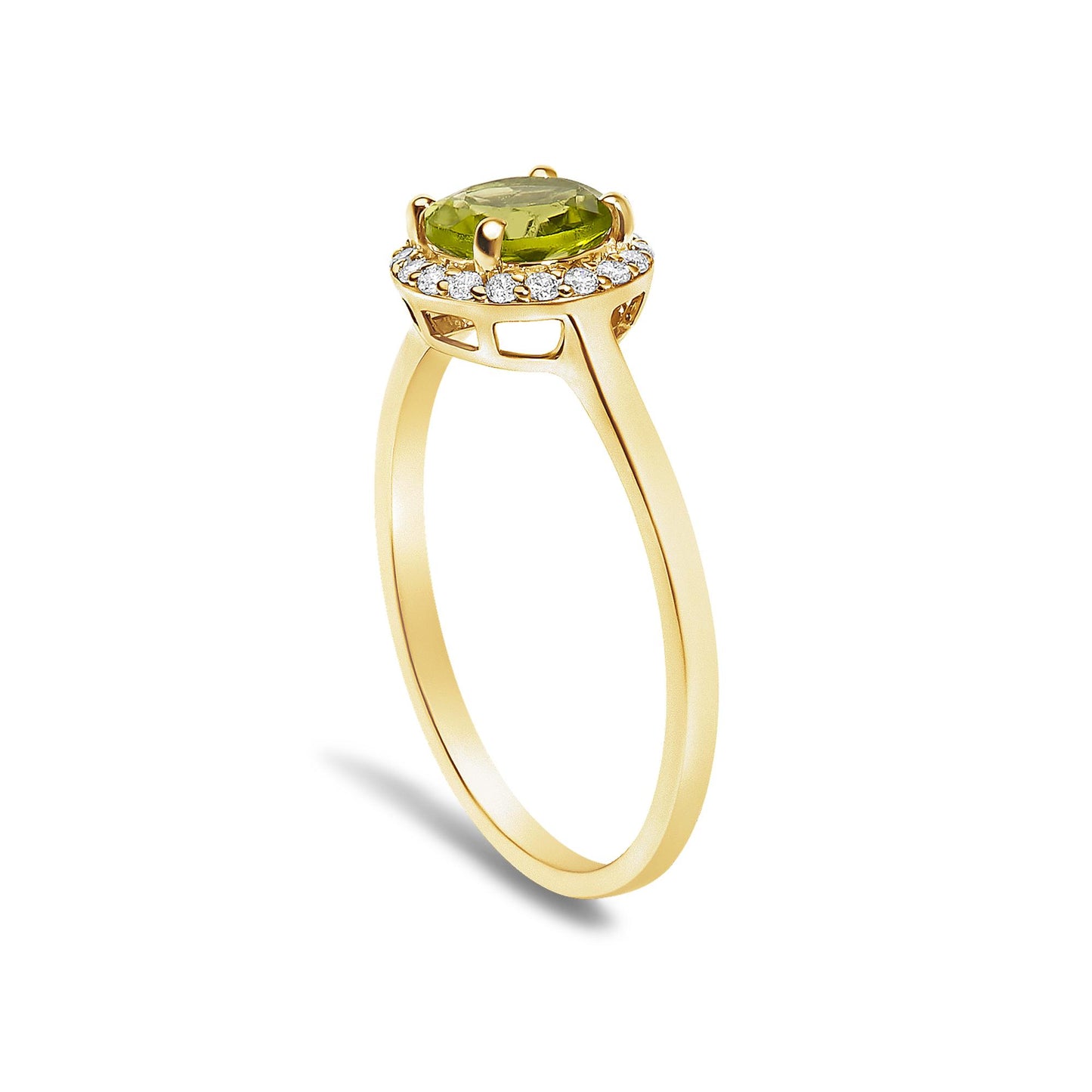 Yellow metal ring with a green round gemstone in a four-prong setting surrounded by a halo of small white round gemstones in shared prong setting, shown at an angled side view.