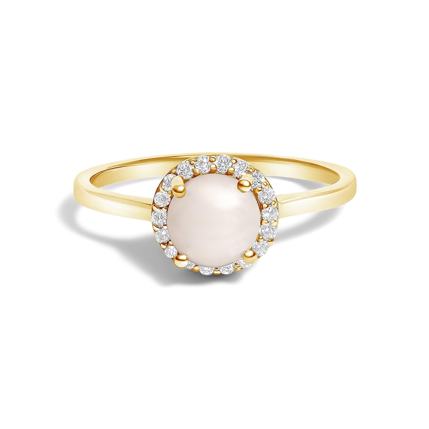 Front angle close-up of a yellow metal ring featuring a round central white gemstone surrounded by a halo of round white gemstones in a shared prong setting.