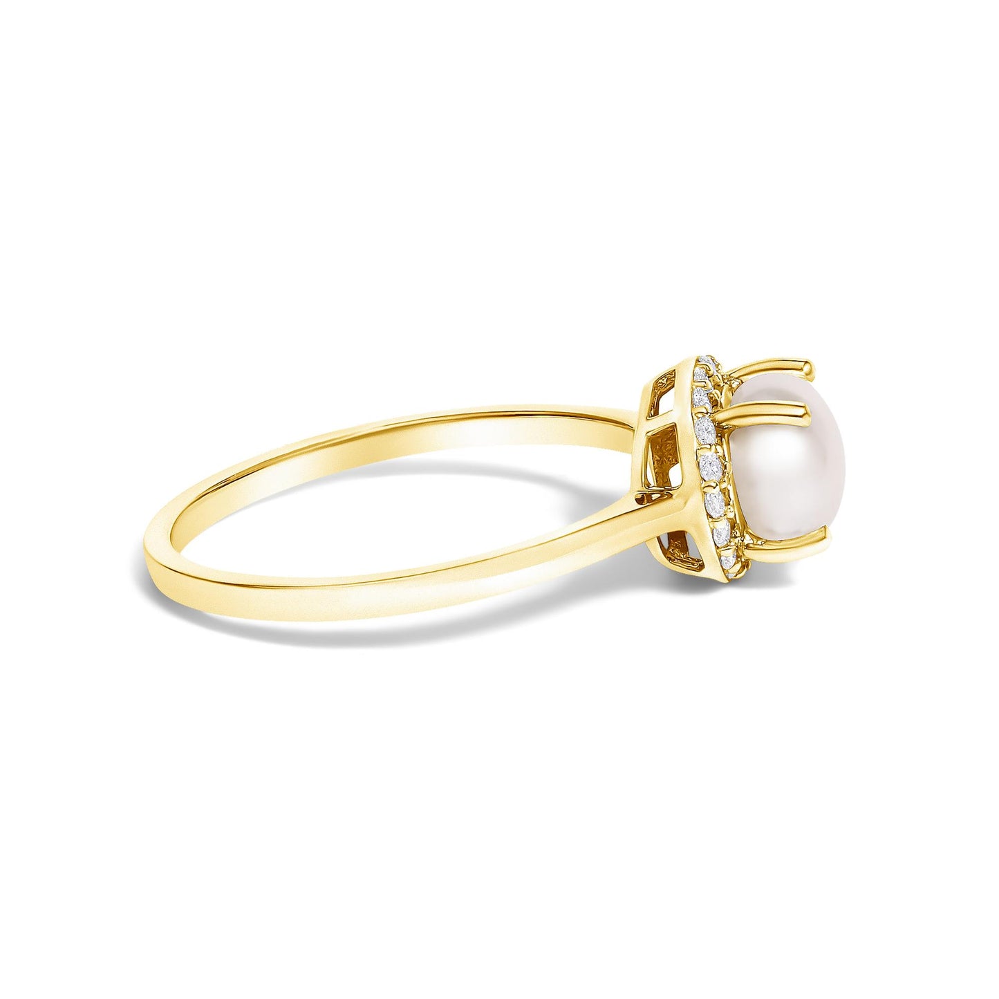 Side angle of a yellow metal ring with a central round white gemstone surrounded by smaller white gemstones in a shared prong setting.
