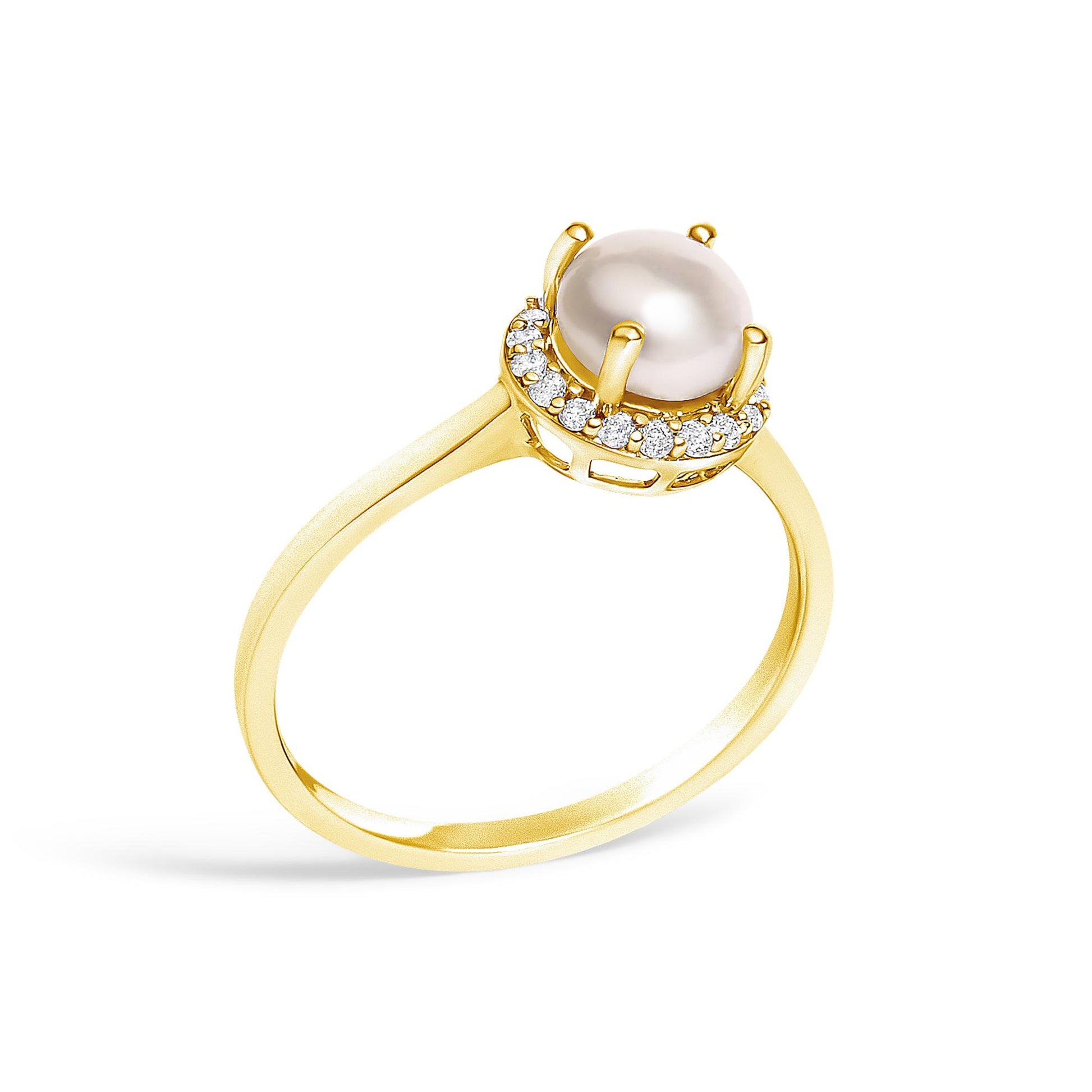 Yellow metal ring with a central round white gemstone held by four prongs, surrounded by a halo of smaller white round gemstones in shared prong settings, shown at a slight angle against a white background.