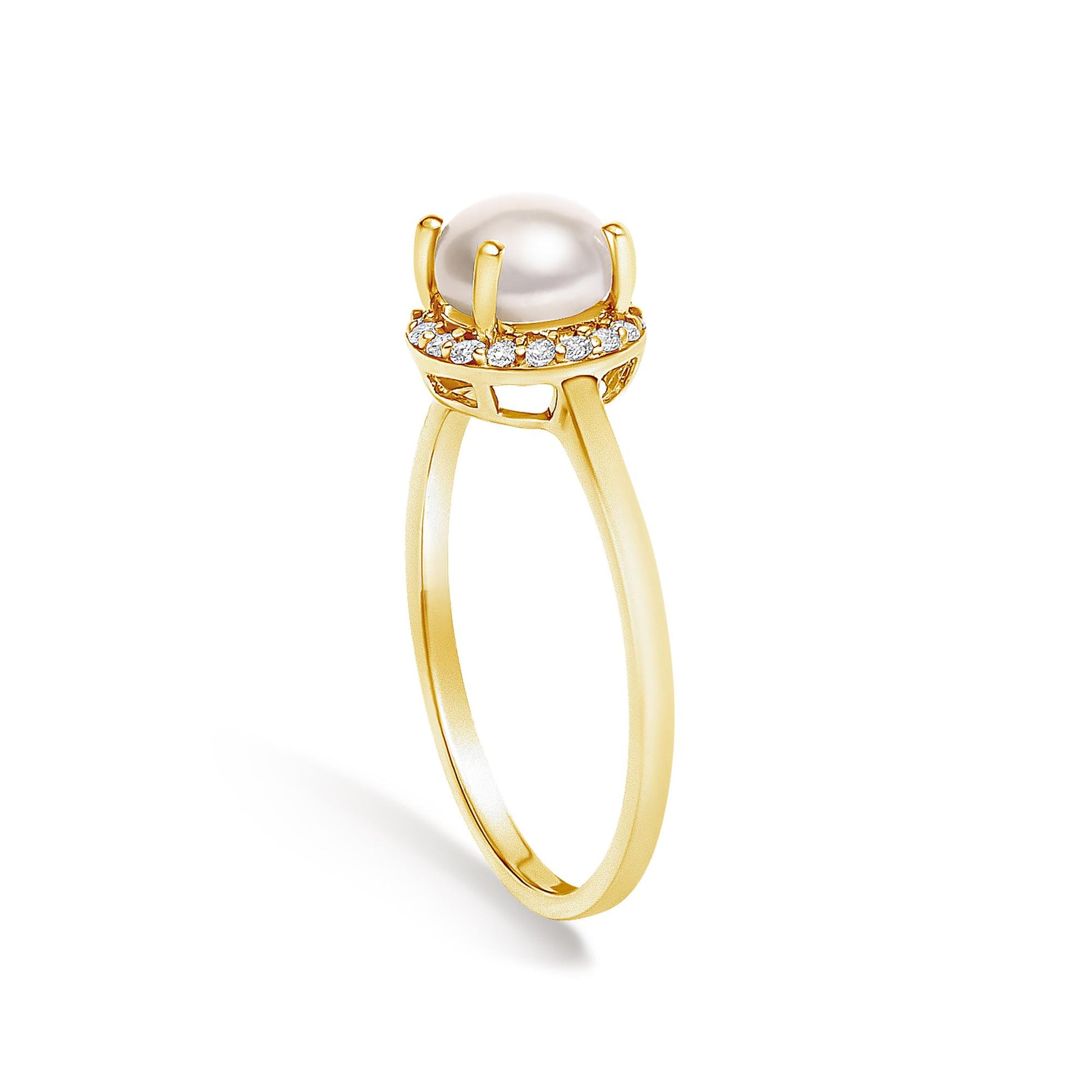 Yellow ring shown from a side angle featuring a round white gemstone surrounded by smaller round white gemstones in a shared prong setting.