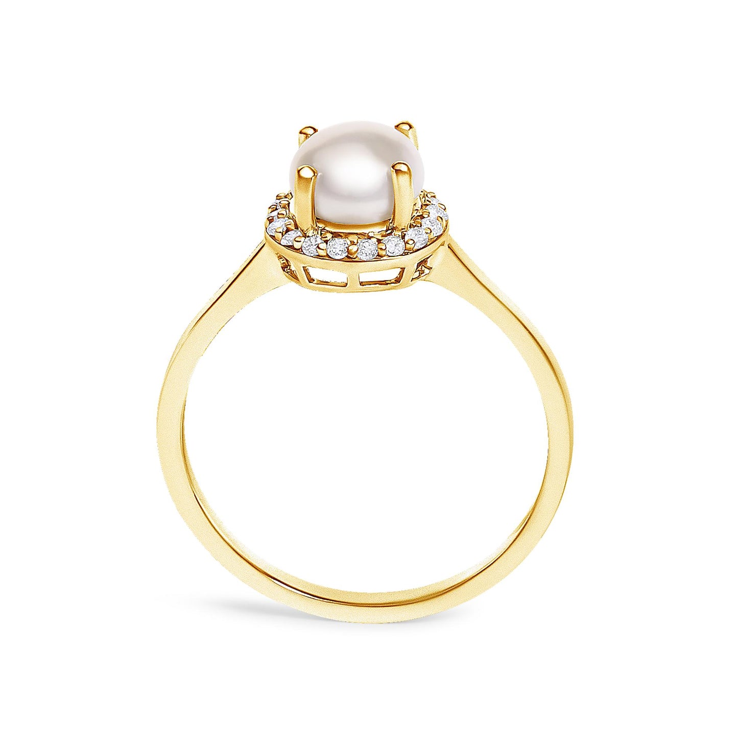 Yellow ring shown from a side angle featuring a large central round white gemstone held by prongs, surrounded by a halo of smaller round white gemstones in a shared prong setting.