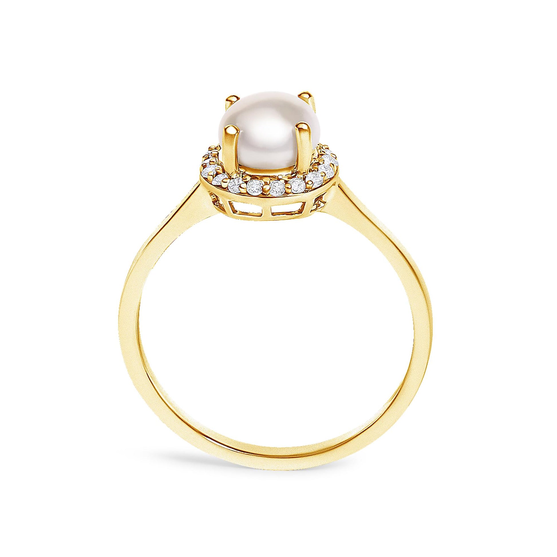 Yellow ring shown from a side angle featuring a large central round white gemstone held by prongs, surrounded by a halo of smaller round white gemstones in a shared prong setting.