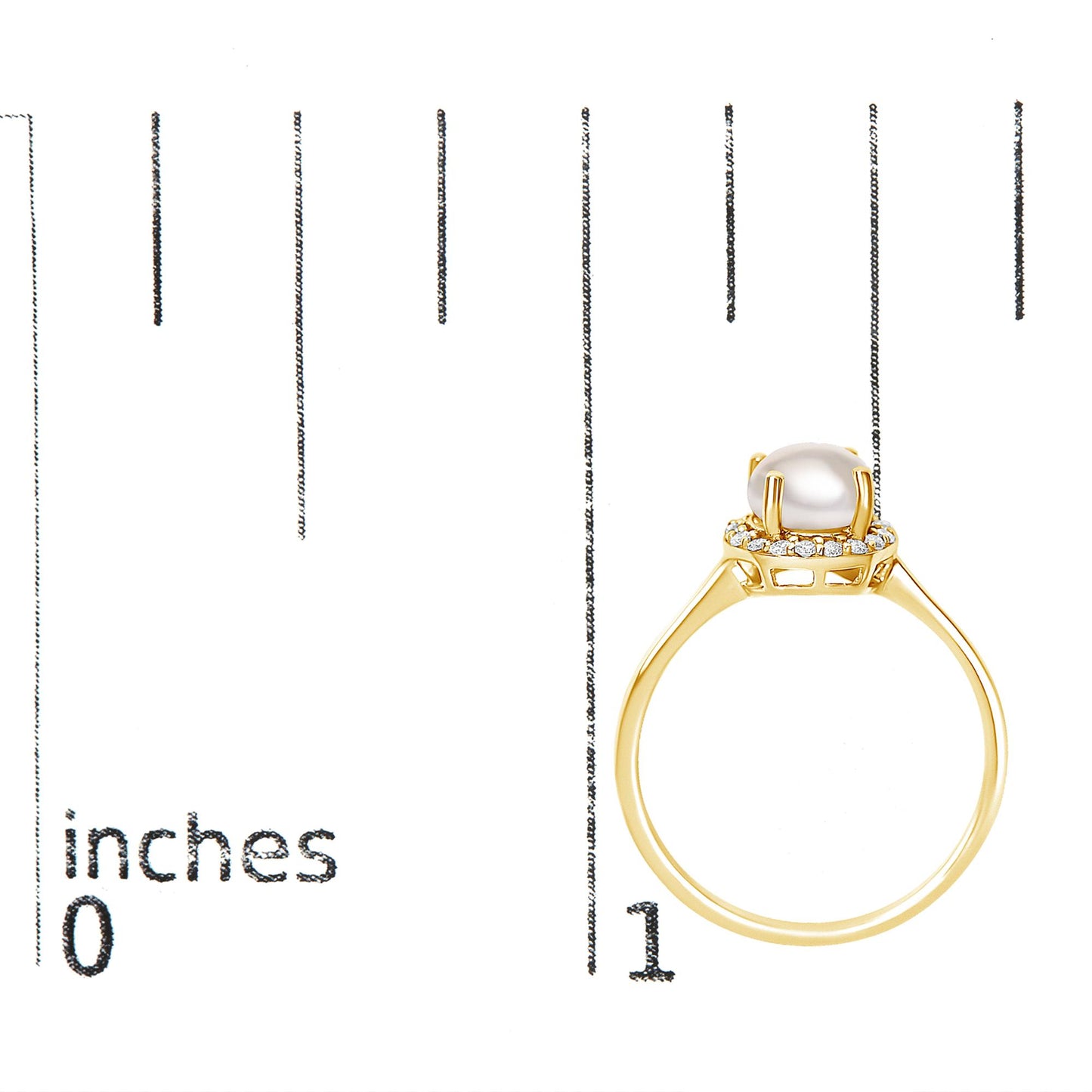 Yellow metal ring with a round white gemstone center surrounded by smaller white gemstones in a shared prong setting, shown on a scale from the side angle.