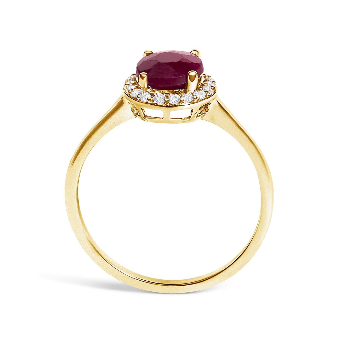 Front-facing view of a yellow ring with a central round red gemstone held by four prongs, surrounded by a circle of small round white gemstones in a shared prong setting.