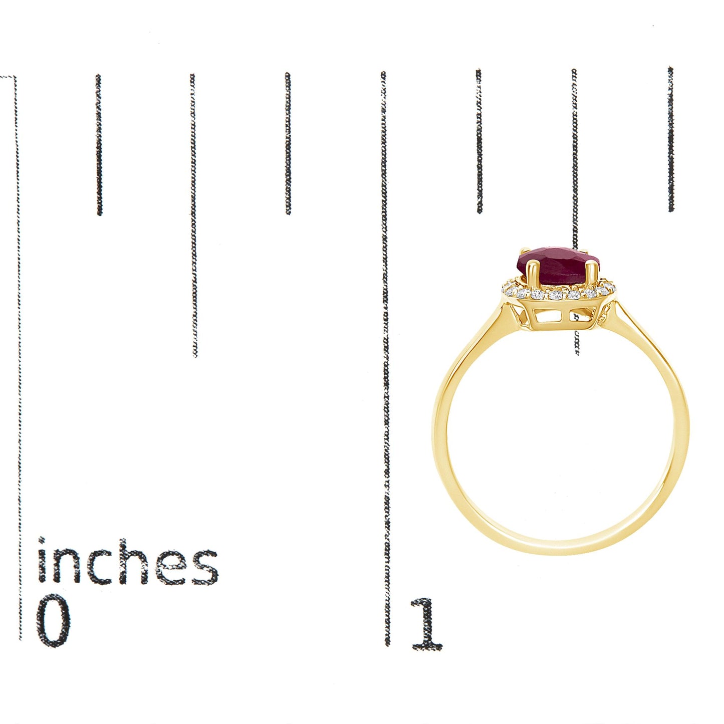 Yellow metal ring with a round red gemstone in a four-prong setting, surrounded by a halo of round white gemstones in shared prong settings, shown on a scale from a side angle.
