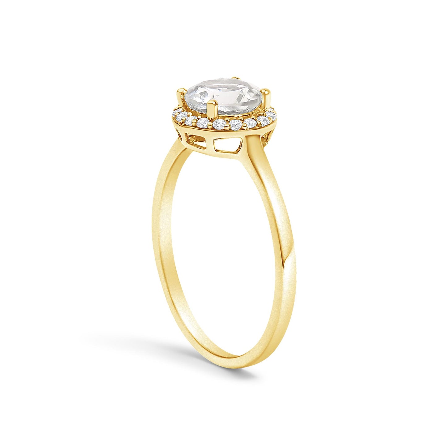 Yellow metal ring shown in a side angle with a round white gemstone set in a four-prong setting, surrounded by a halo of small round white gemstones in shared prong settings.