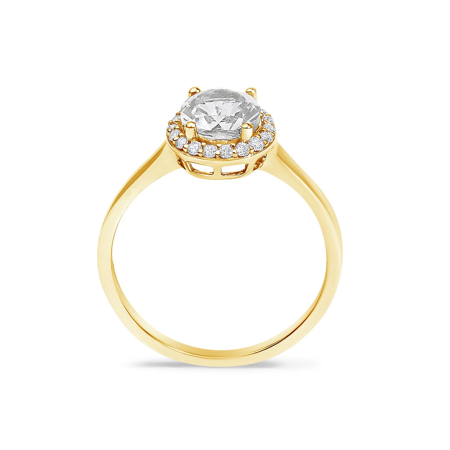 Yellow metal ring with a round white gemstone in a four-prong setting, surrounded by a halo of round white gemstones in shared prong settings, shown from the front angle on a white background.