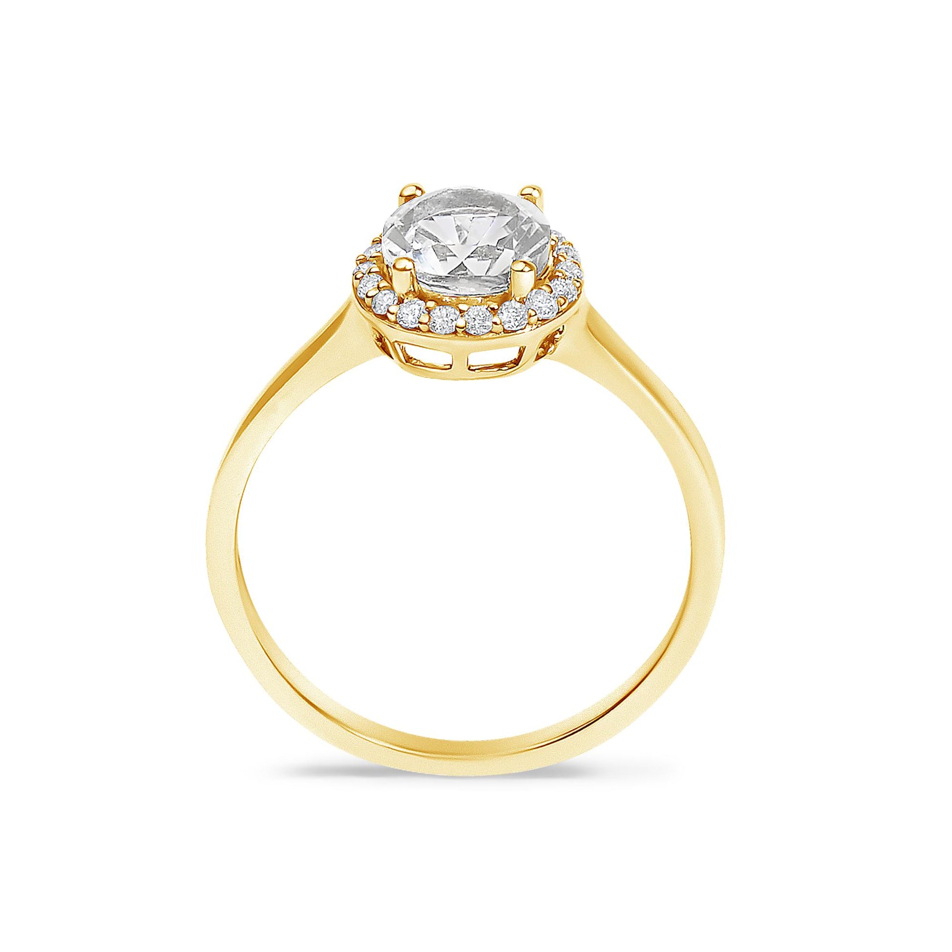 Yellow metal ring with a round white gemstone in a four-prong setting, surrounded by a halo of round white gemstones in shared prong settings, shown from the front angle on a white background.