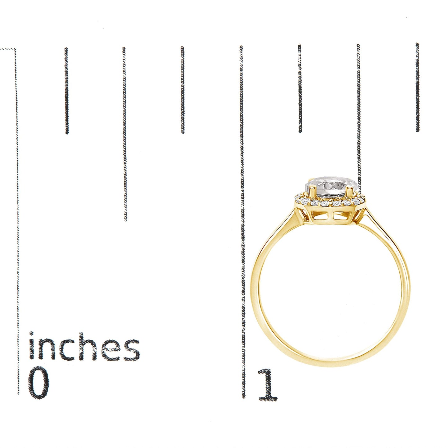 Yellow metal ring with a round white central gemstone set in four prongs, surrounded by smaller round white gemstones in a shared prong setting, shown on a scale with a side profile angle.