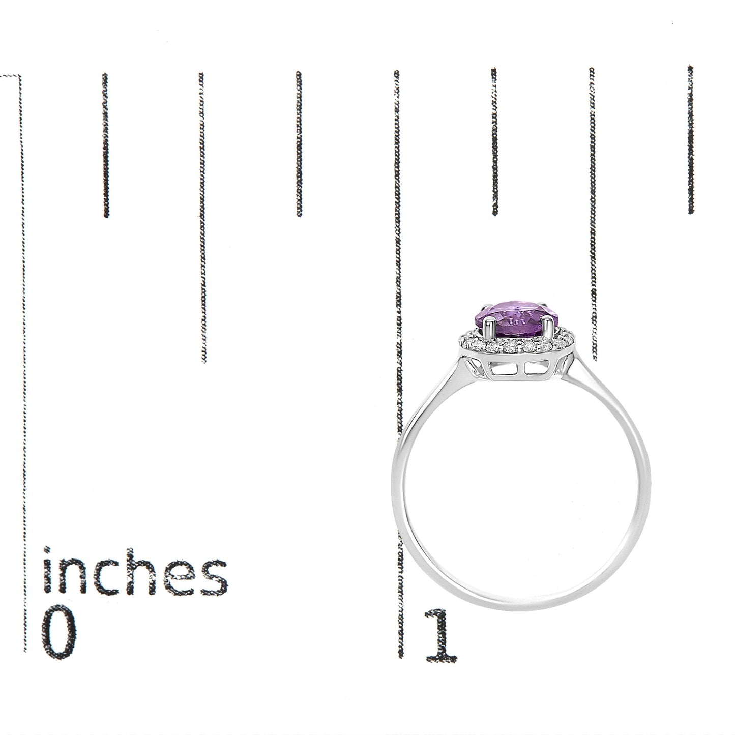 White metal ring with a round purple gemstone in a four-prong setting, surrounded by a halo of small white round gemstones in shared prong settings, shown on a scale from a side angle.