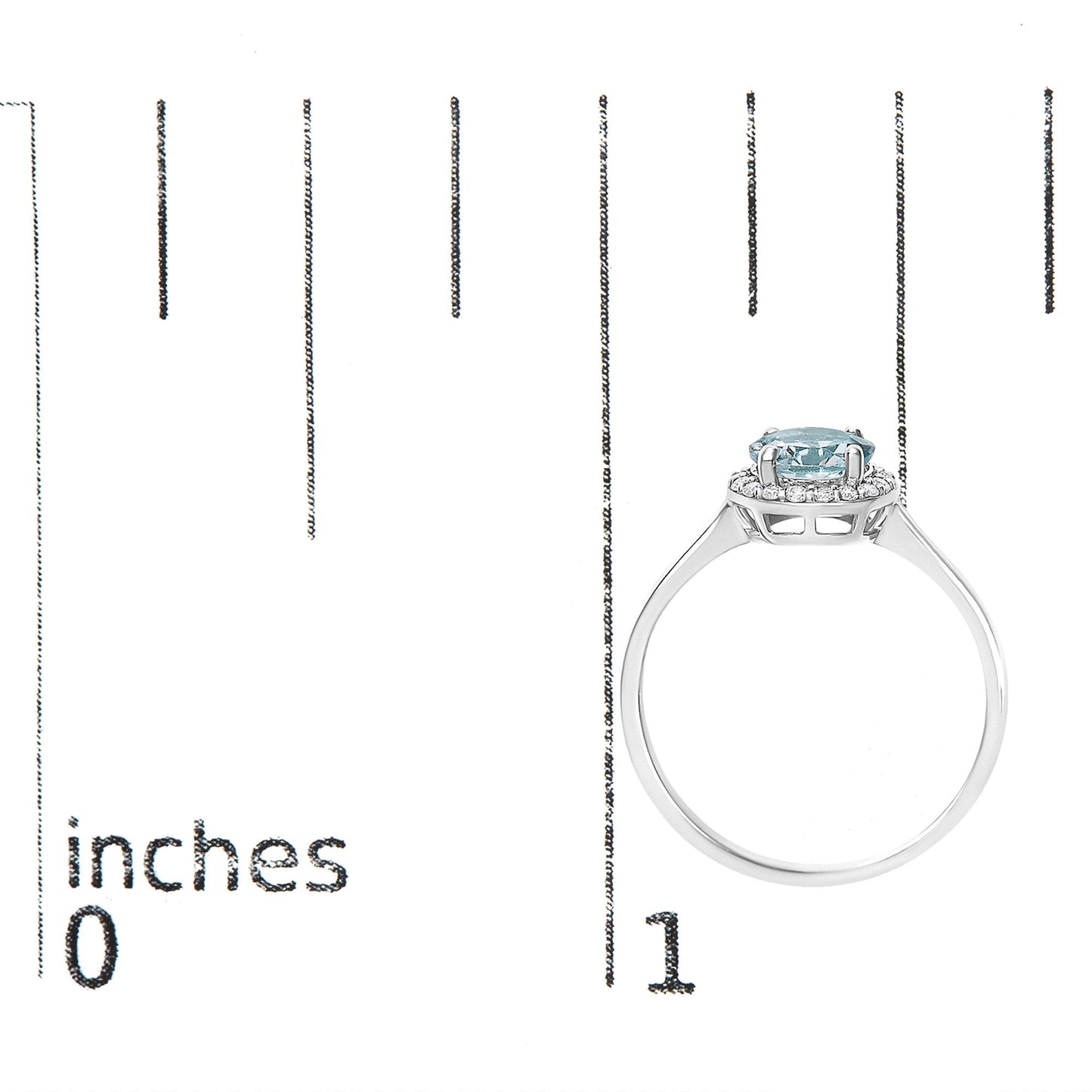 White metal ring with a round blue gemstone in a four-prong setting, surrounded by round white gemstones in a shared prong setting, shown from the side on a scale.