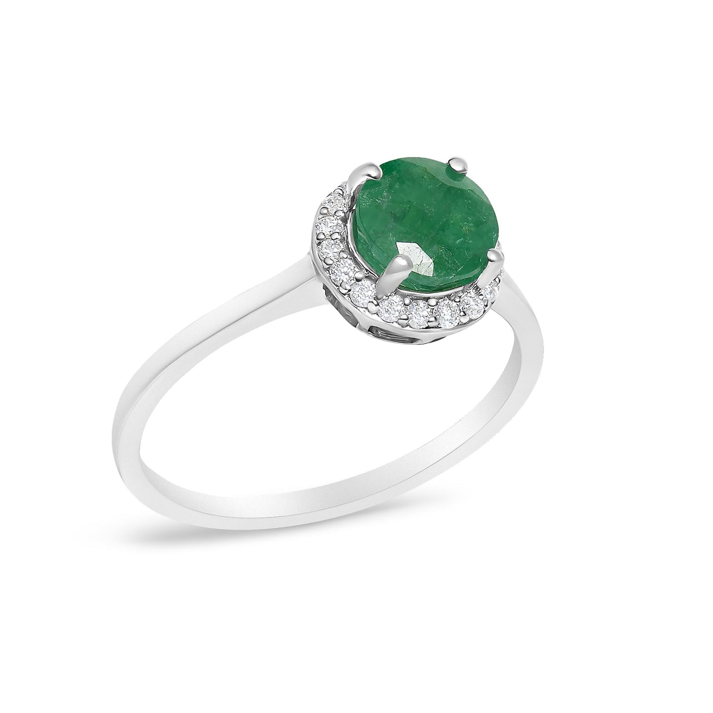 White metal ring with a round green gemstone in a four-prong setting, surrounded by a halo of round white gemstones in shared prong settings, shown at a close-up angle on a white background.