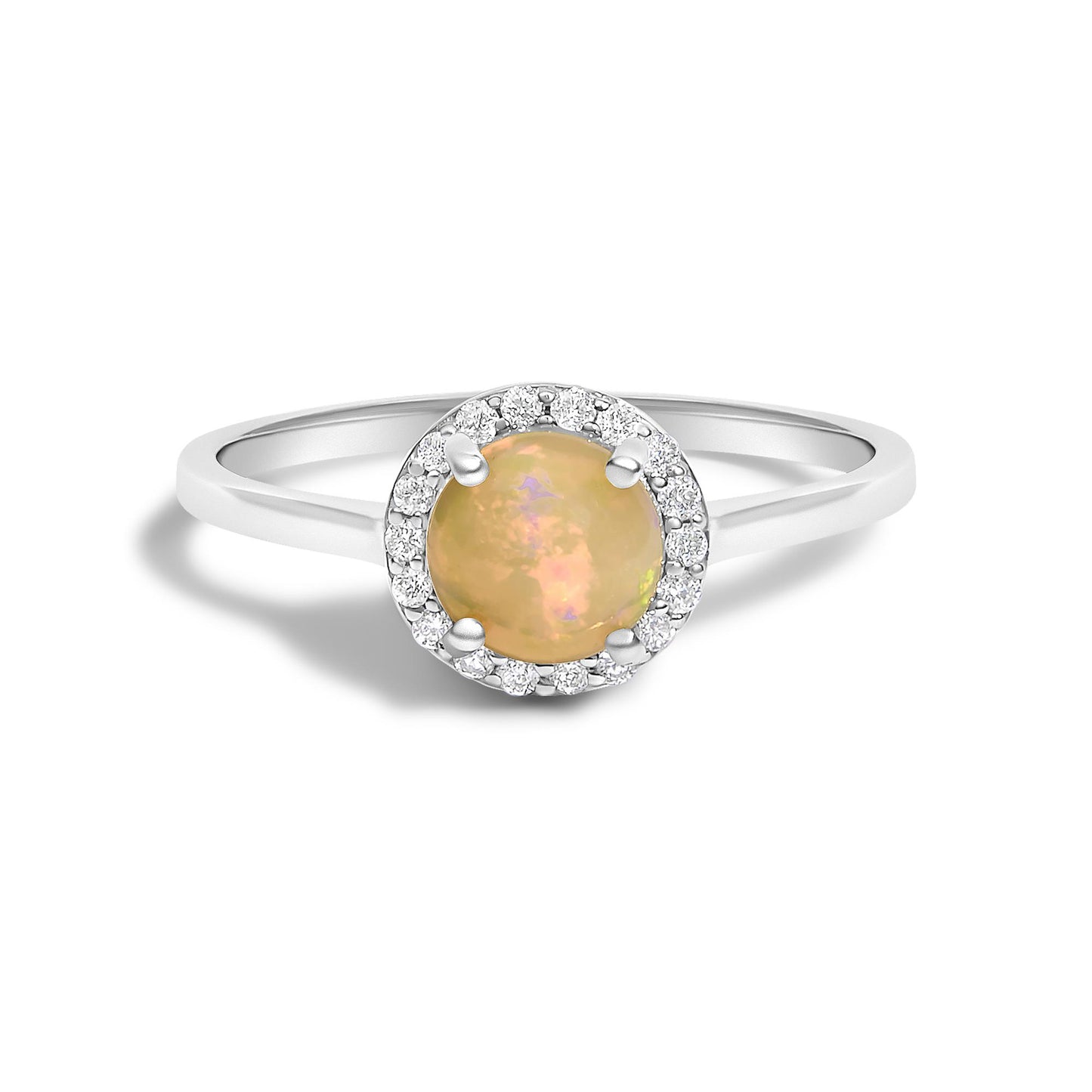 White ring with a round multi-colored gemstone center held by a four-prong setting, surrounded by a halo of round white gemstones in a shared prong setting, shown from the front angle on a white background.