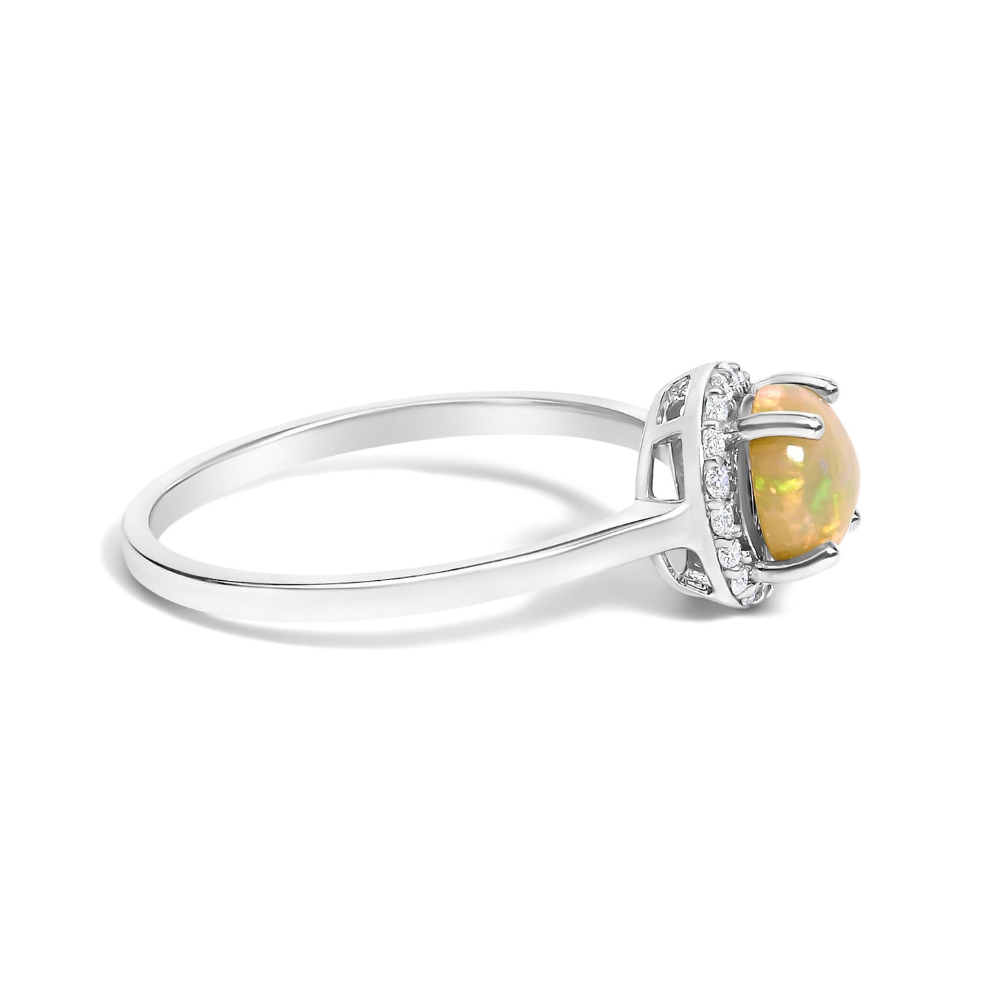 Side angle view of a white ring featuring a round multi-color opal gemstone set in a four-prong setting, surrounded by a halo of round white gemstones in shared prong settings.
