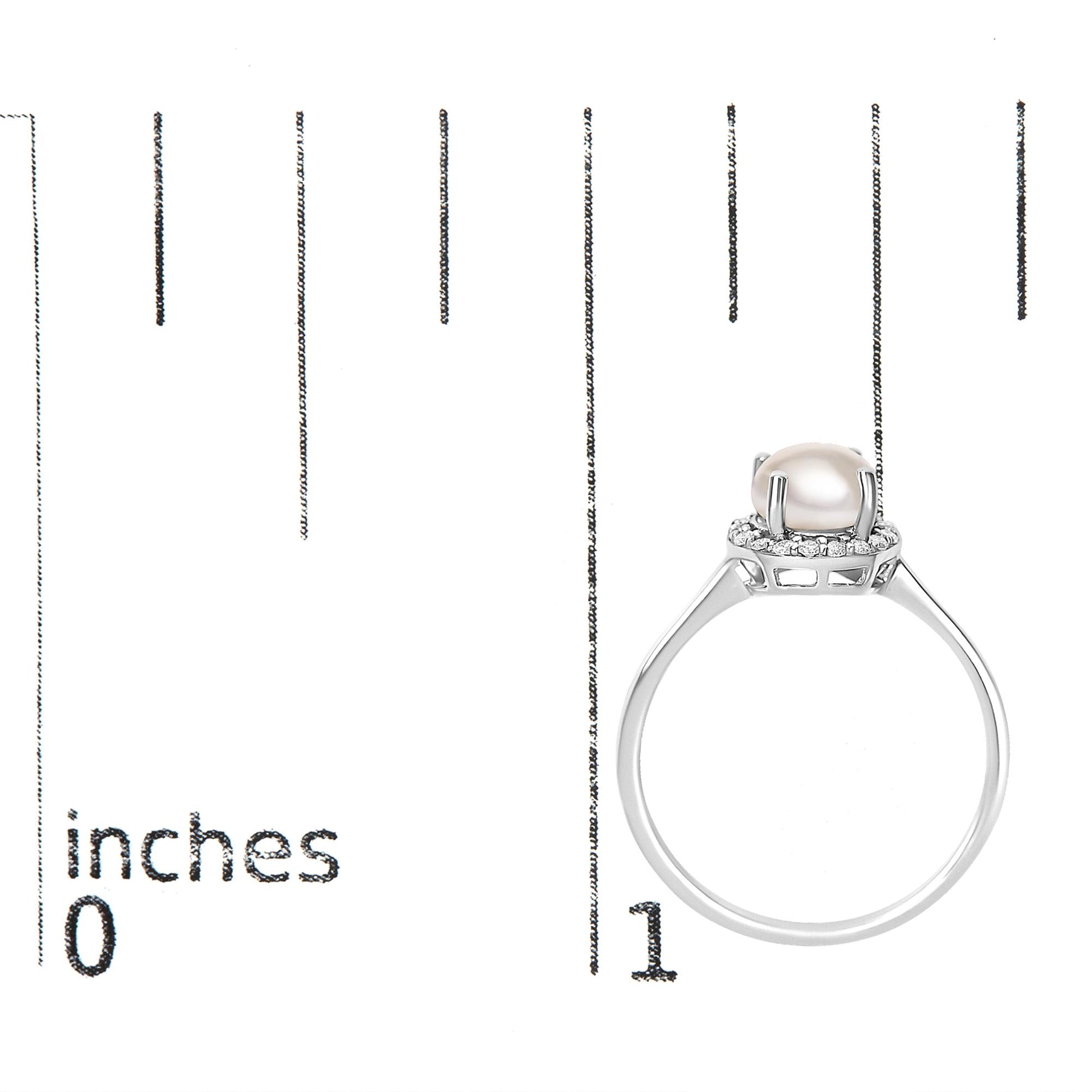 Front view of a white metal ring with a round center gemstone held by four prongs, surrounded by a halo of small white round gemstones in a shared prong setting, shown on a scale.