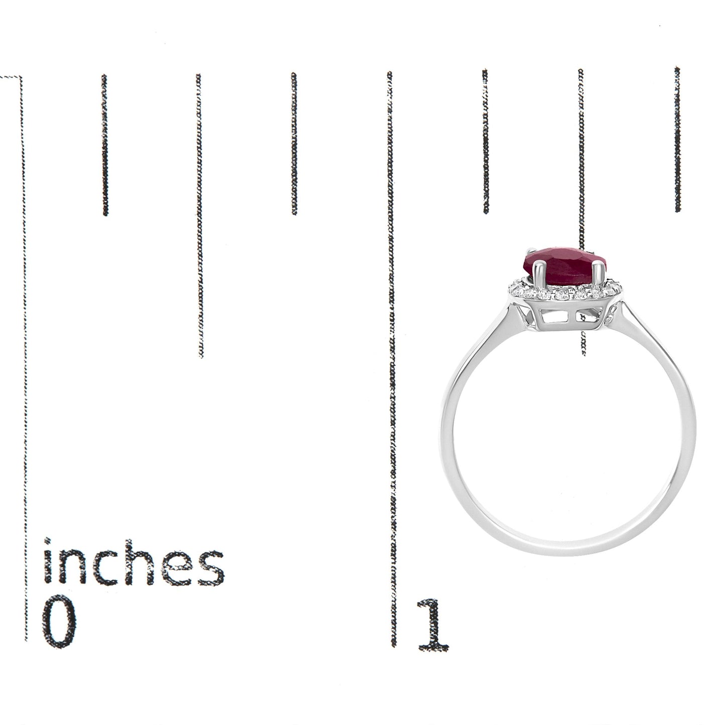 White metal ring with round red gemstone in a four-prong setting, surrounded by small white round gemstones, shown on a scale from a side angle.