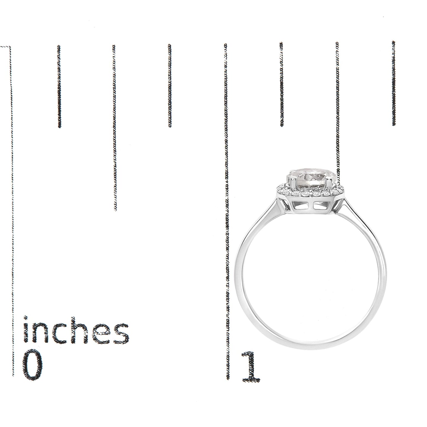 White metal ring with a round white gemstone center set in four prongs, surrounded by a halo of round white gemstones in shared prong setting, shown on a scale from a side angle.